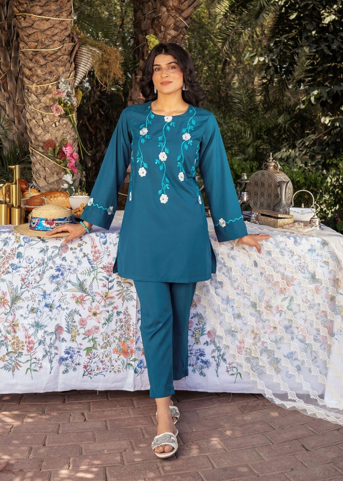 Vestilewear Teal Embroidered Women Co Ord Sets Stitched Suit (All Season) VW06 C Women 2pcs