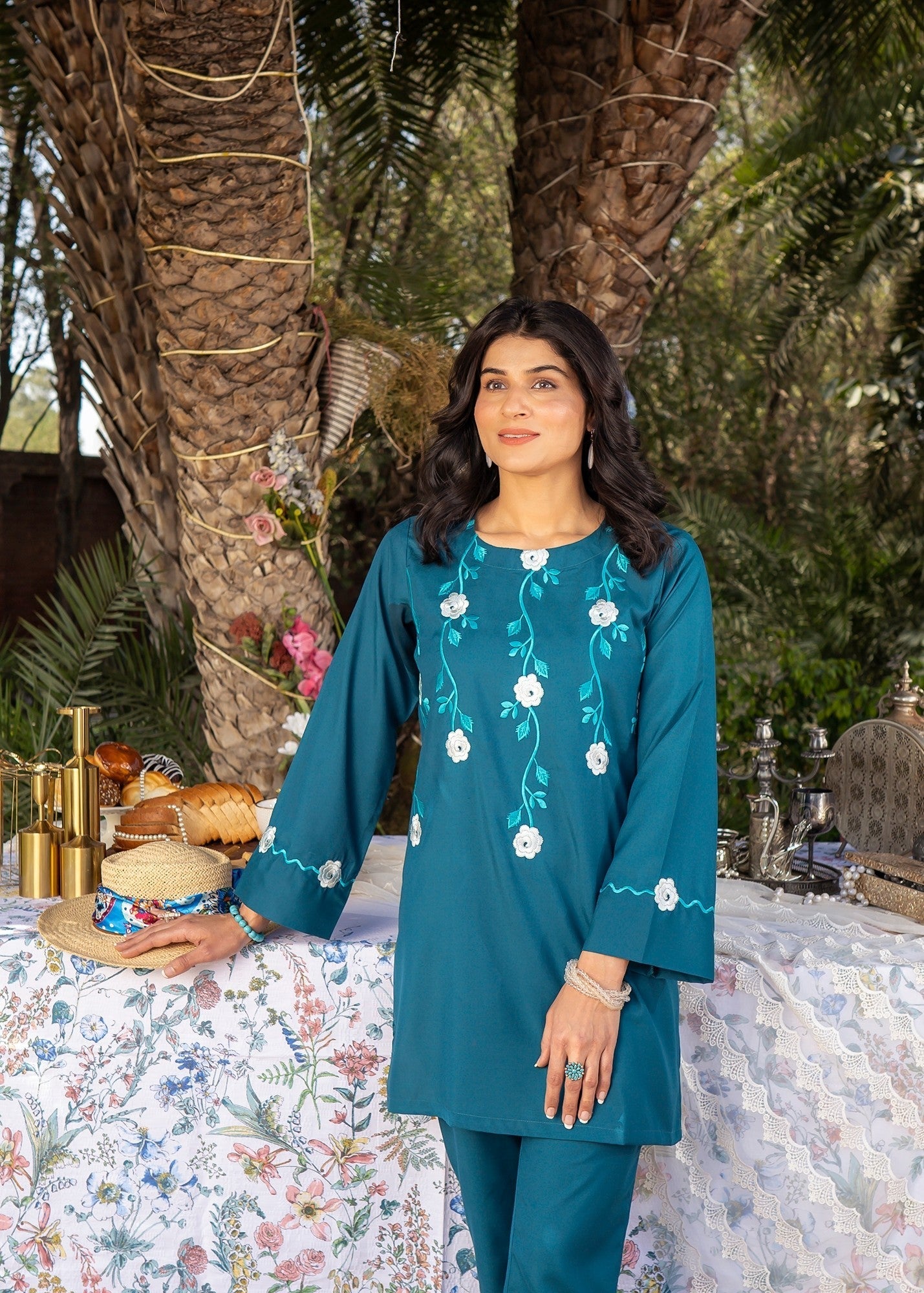 Vestilewear Teal Embroidered Women Co Ord Sets Stitched Suit (All Season) VW06 C Women 2pcs