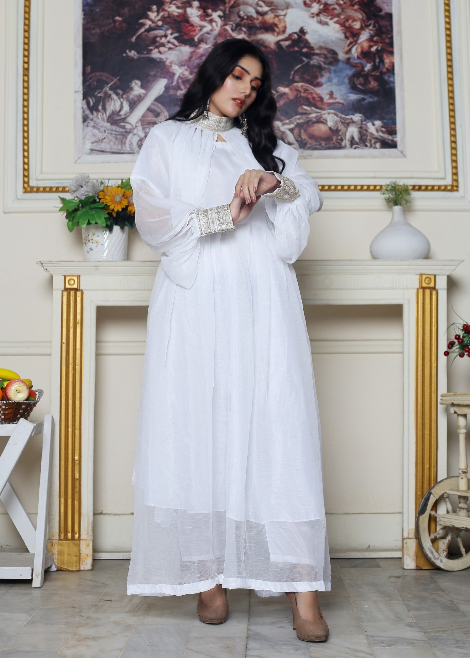 Hamna Kalim Mehfil Luxe Maxi – Crafted with Embroidery Detailing & Unique Collar Design White Women 3pcs