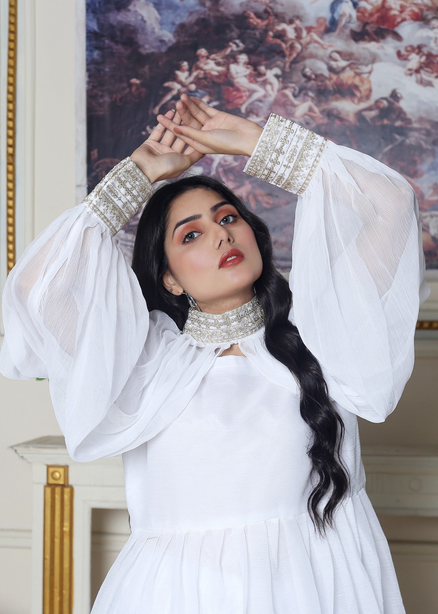 Hamna Kalim Mehfil Luxe Maxi – Crafted with Embroidery Detailing & Unique Collar Design White Women 3pcs