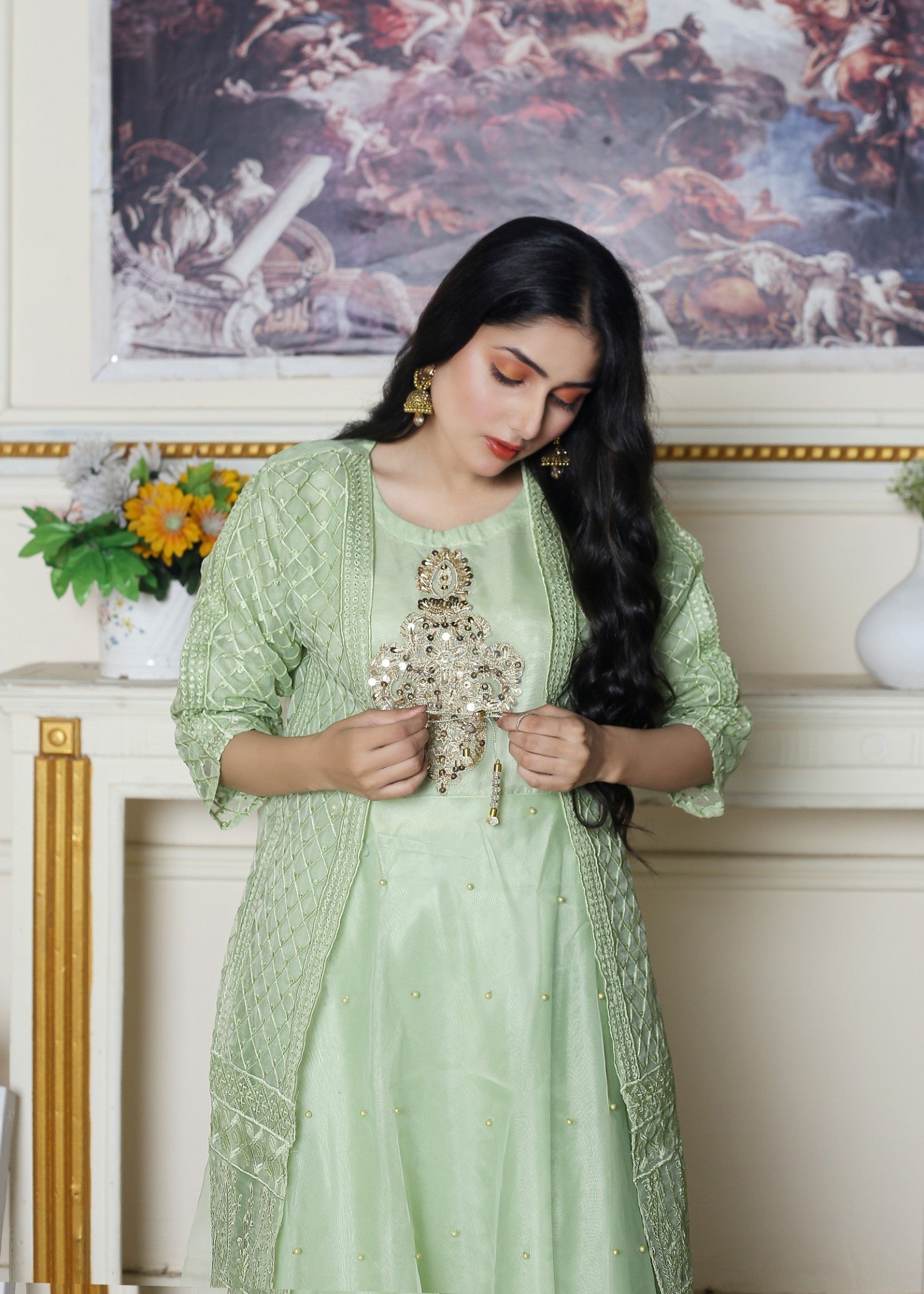 Hamna Kalim Nazakat Pearl Accented Maxi with Embroidered Gown Shirt Women 3pcs