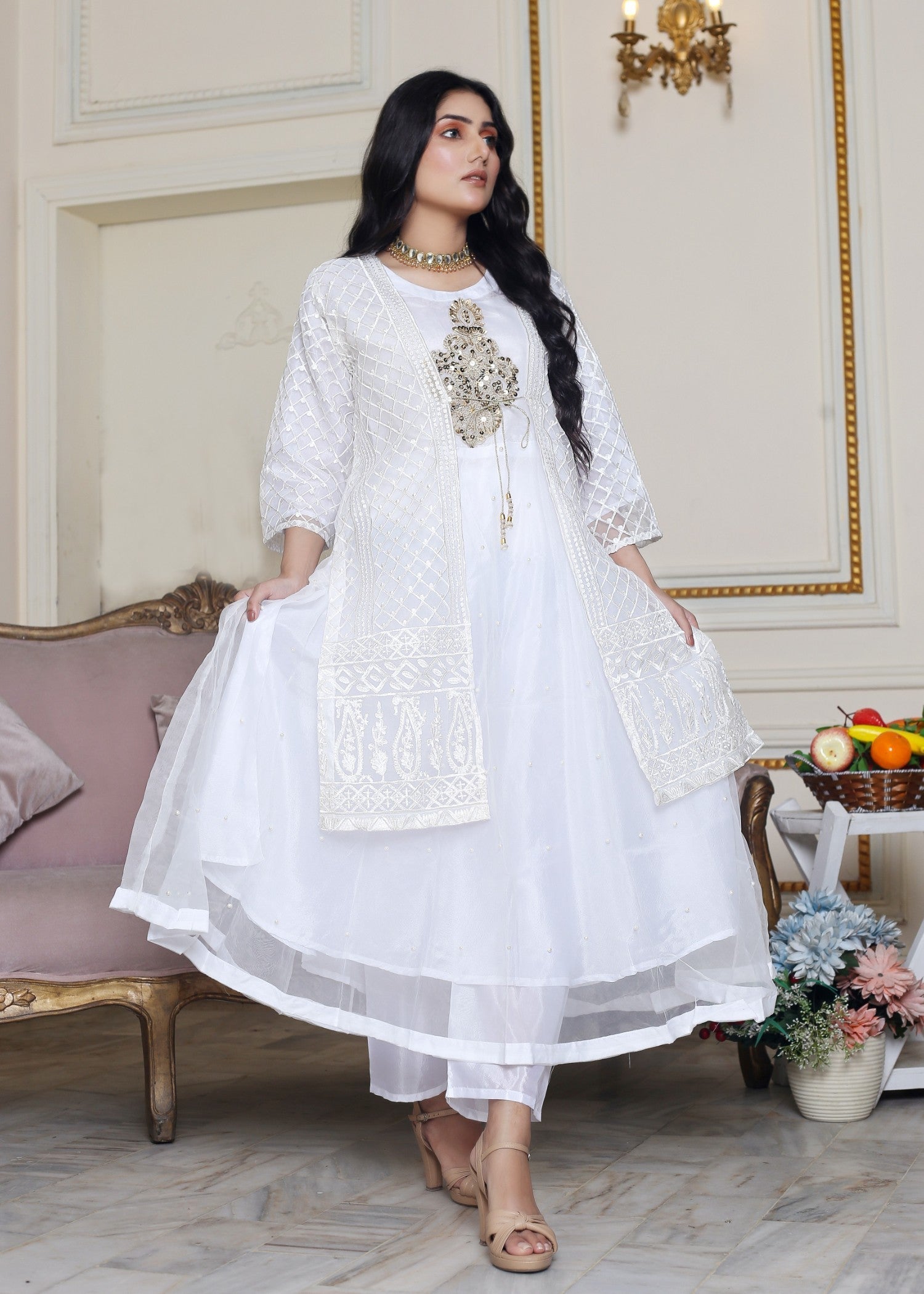 Hamna Kalim Nazakat Pearl Accented Maxi with Embroidered Gown Shirt White Women 3pcs