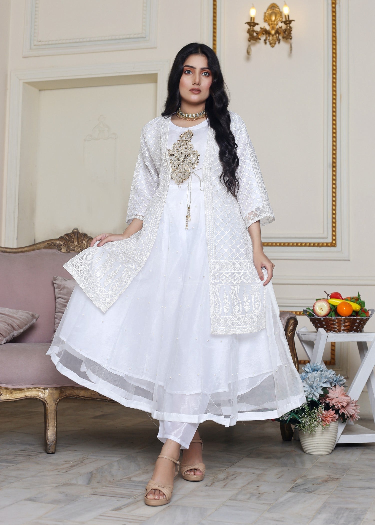 Hamna Kalim Nazakat Pearl Accented Maxi with Embroidered Gown Shirt White Women 3pcs