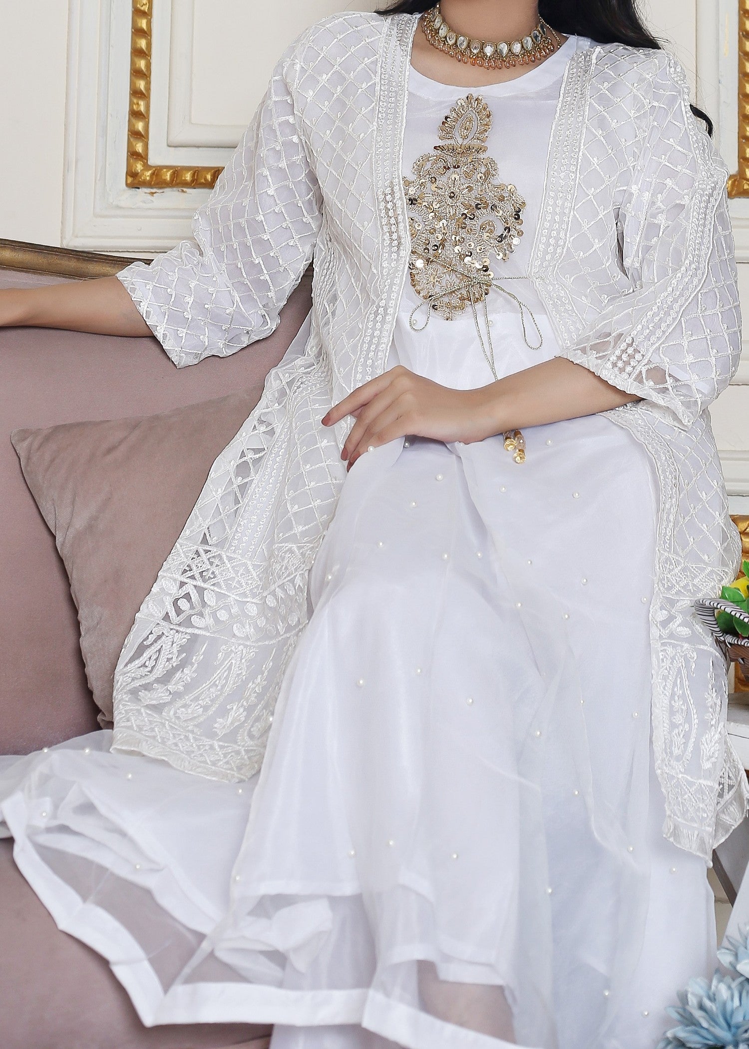Hamna Kalim Nazakat Pearl Accented Maxi with Embroidered Gown Shirt White Women 3pcs