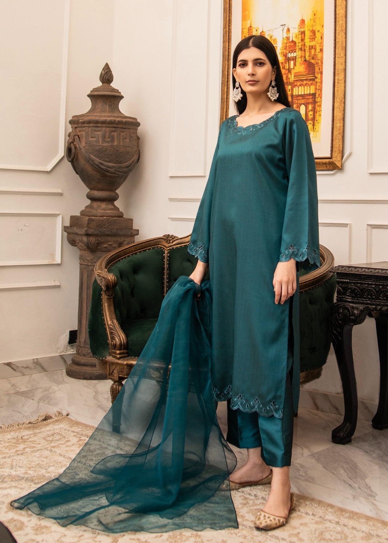Naaz Couture Dark Teal Embroidered Raw Silk Suit Women 3pcs