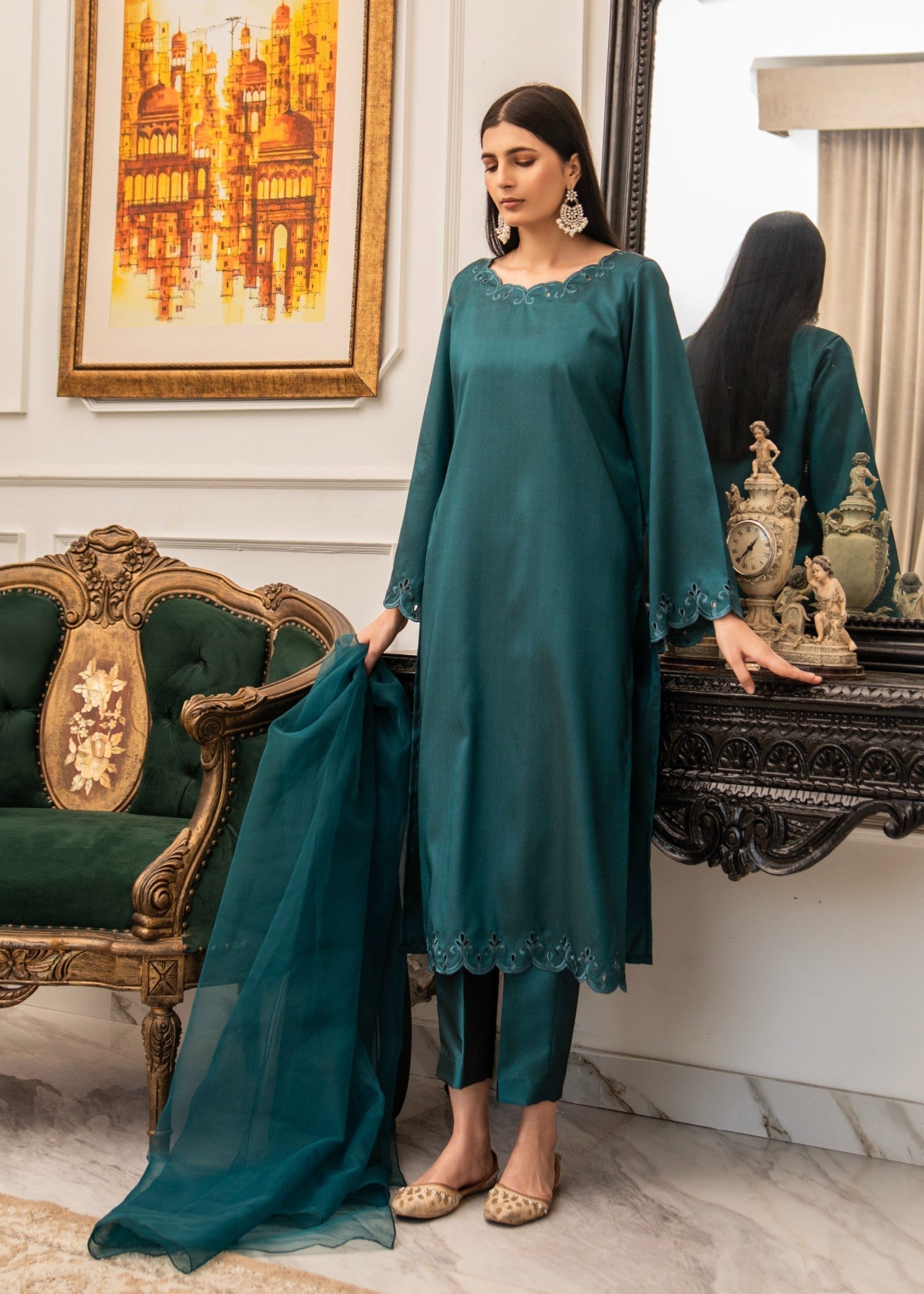 Naaz Couture Dark Teal Embroidered Raw Silk Suit Women 3pcs