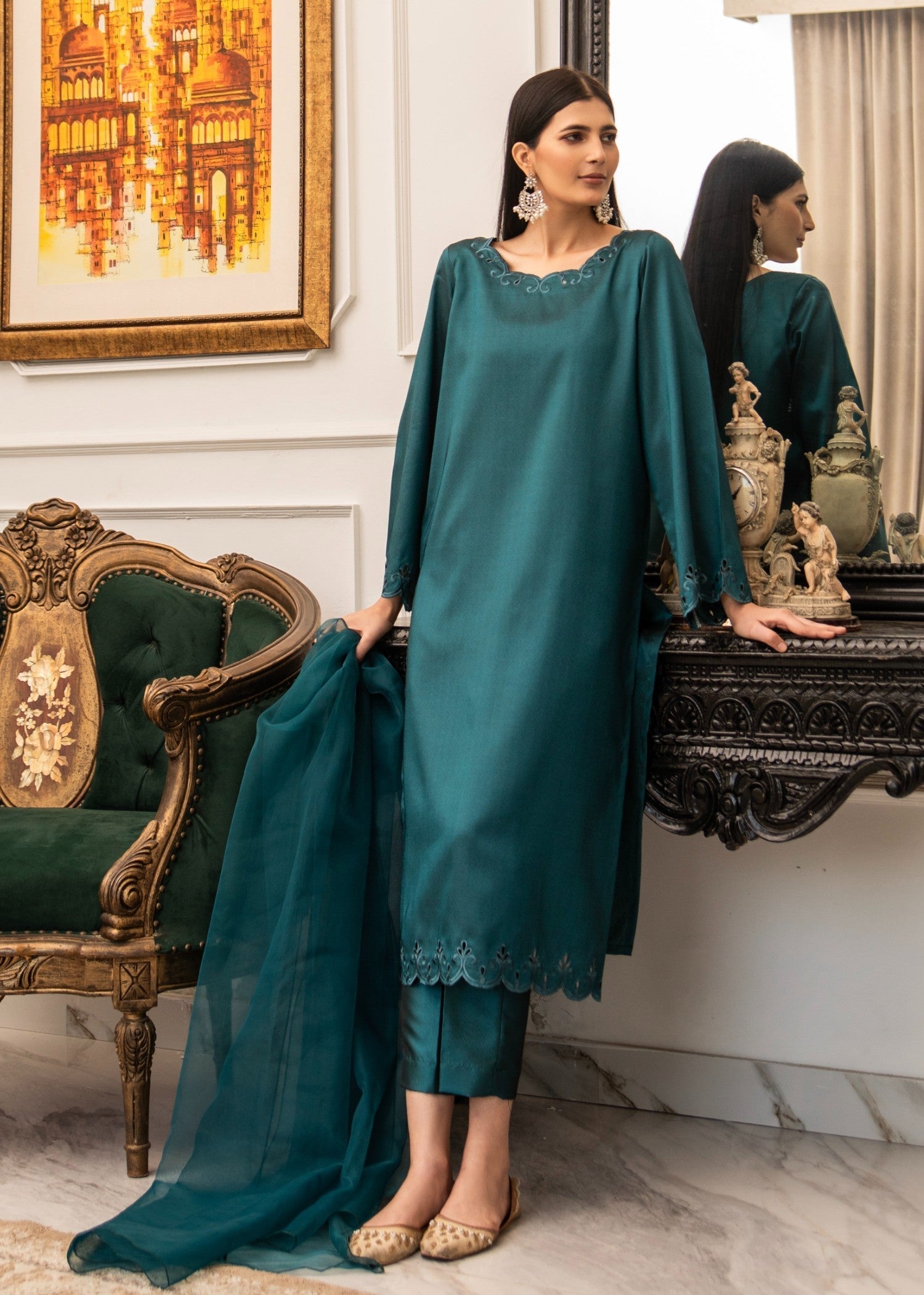 Naaz Couture Dark Teal Embroidered Raw Silk Suit Women 3pcs