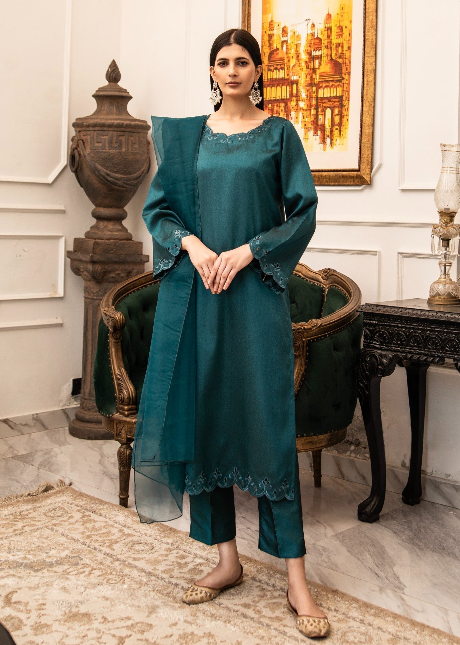 Naaz Couture Dark Teal Embroidered Raw Silk Suit Women 3pcs