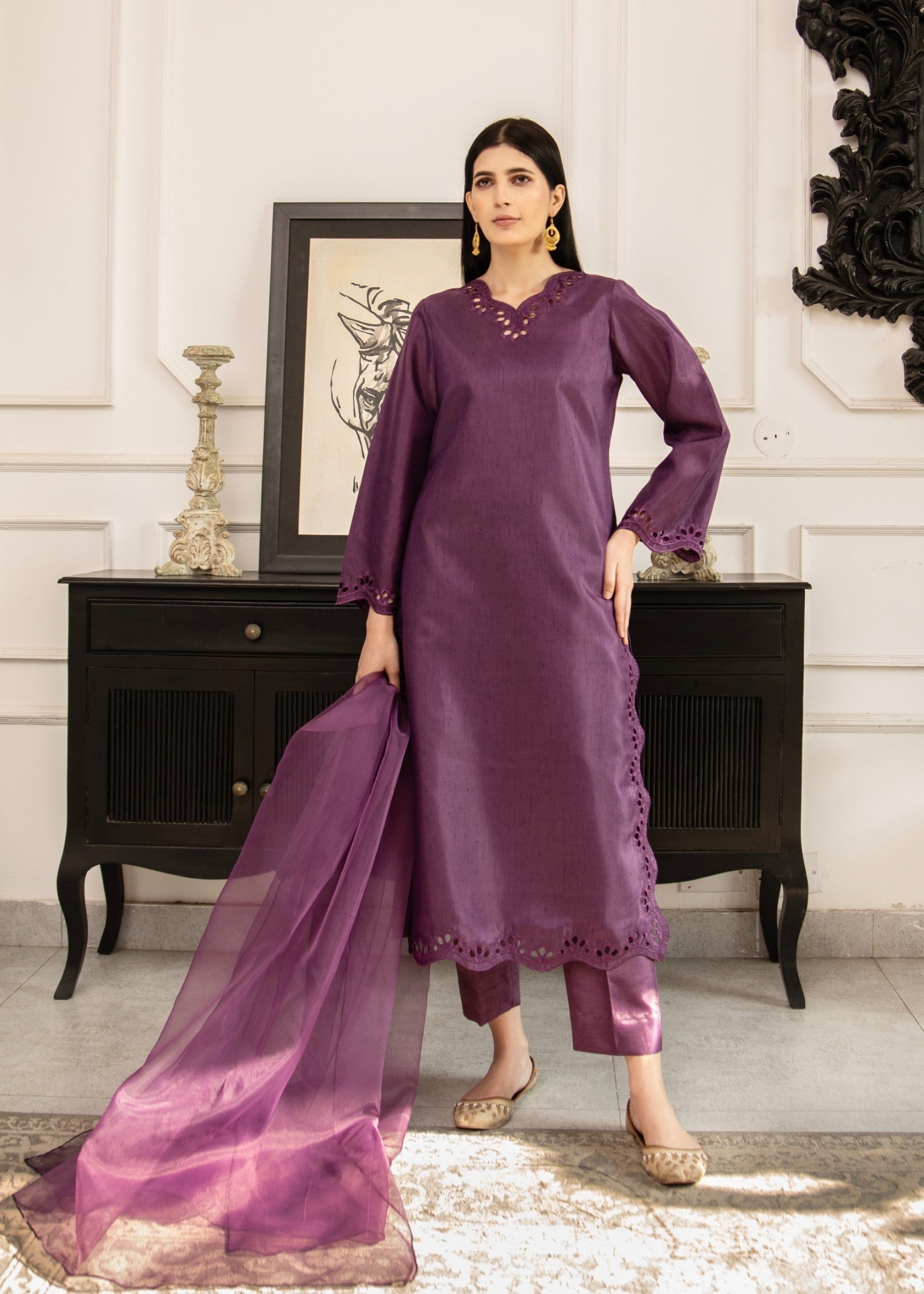 Naaz Couture Dark Purple Raw Silk Suit Women 3pcs