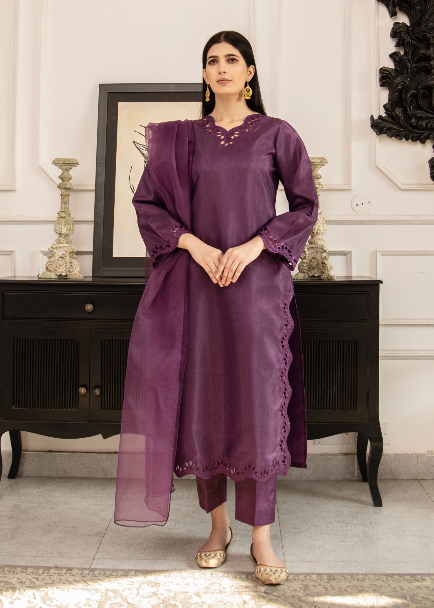 Naaz Couture Dark Purple Raw Silk Suit Women 3pcs