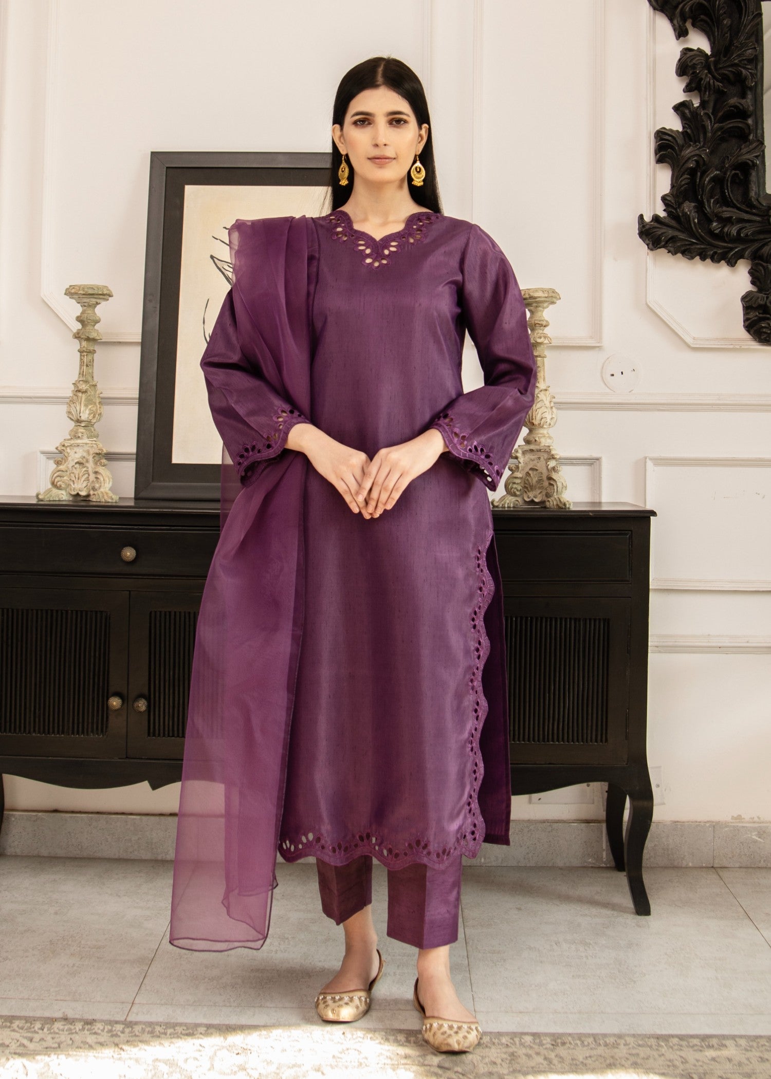 Naaz Couture Dark Purple Raw Silk Suit Women 3pcs