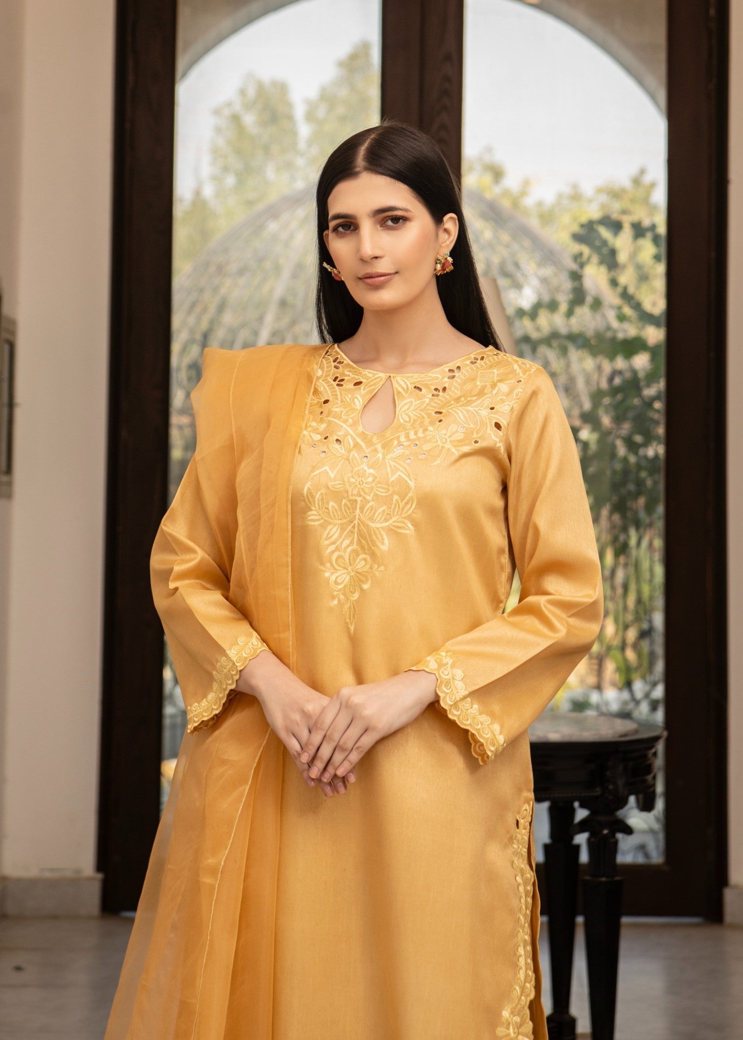Naaz Couture Gold Raw Silk Embroidered Suit Women 3pcs
