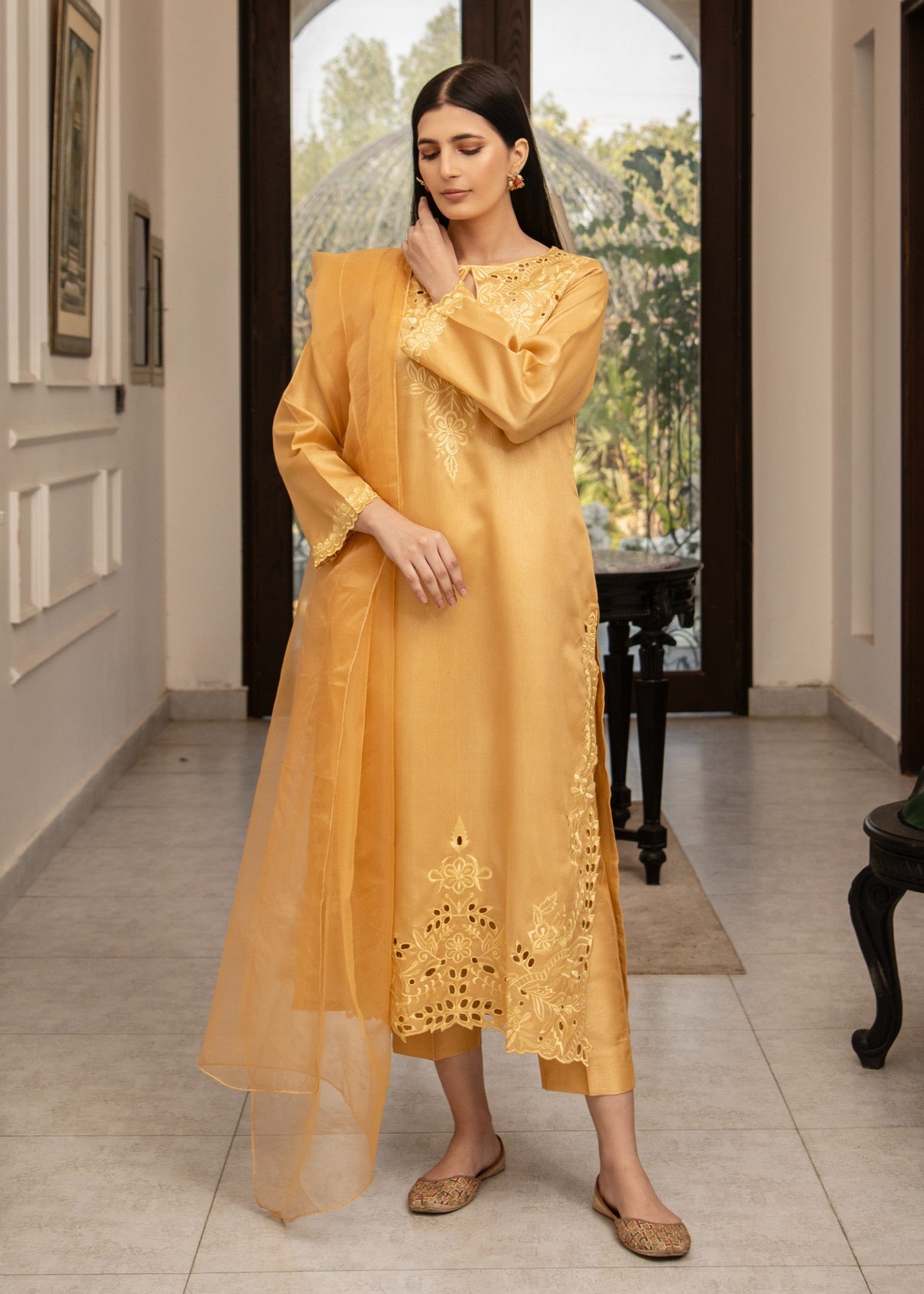 Naaz Couture Gold Raw Silk Embroidered Suit Women 3pcs