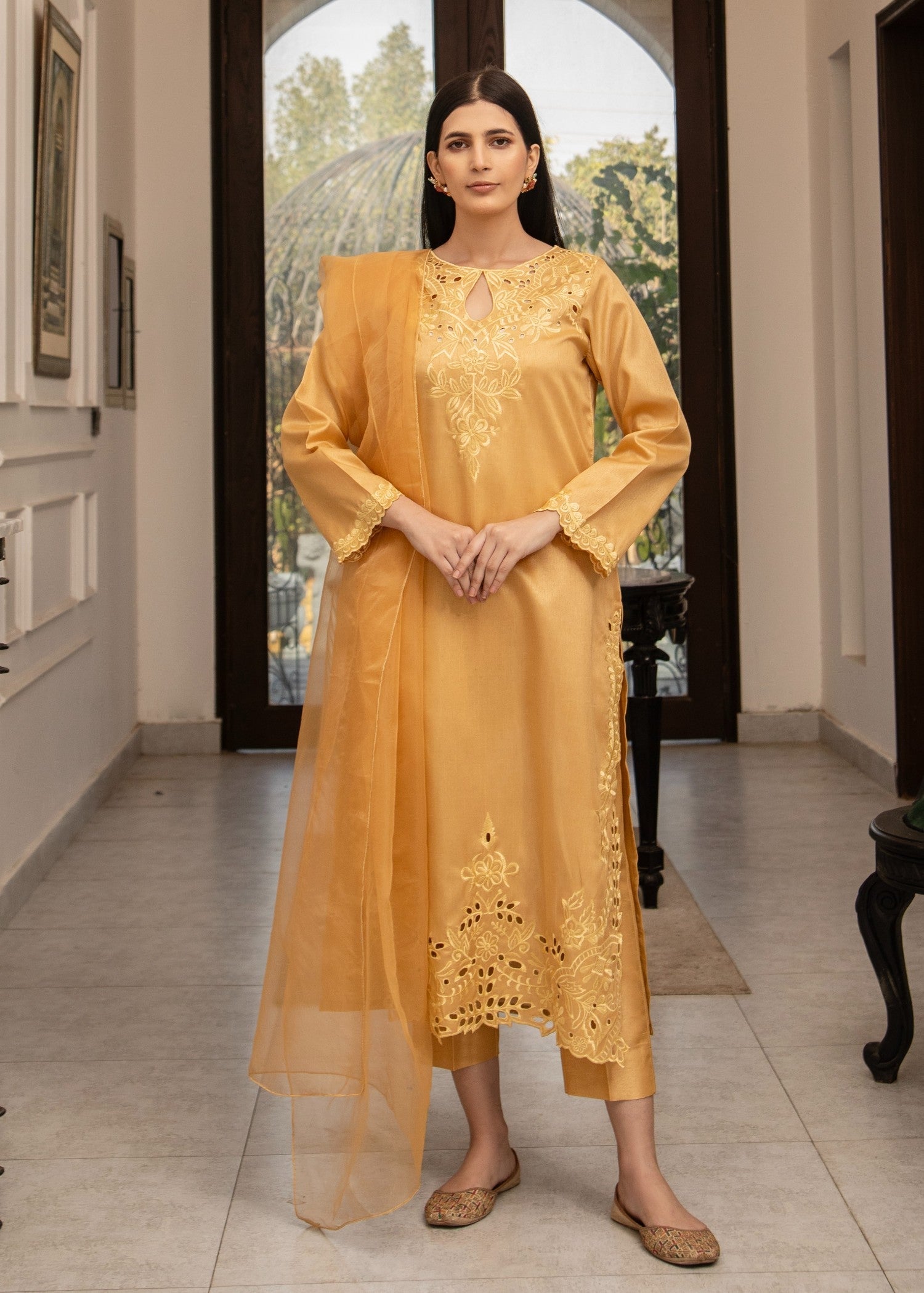 Naaz Couture Gold Raw Silk Embroidered Suit Women 3pcs