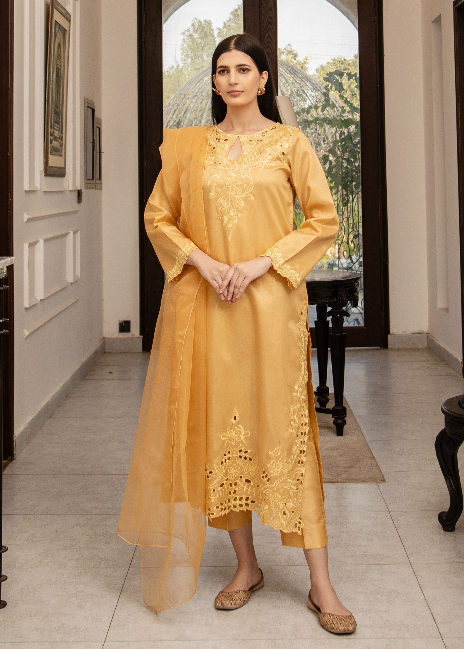 Naaz Couture Gold Raw Silk Embroidered Suit Women 3pcs