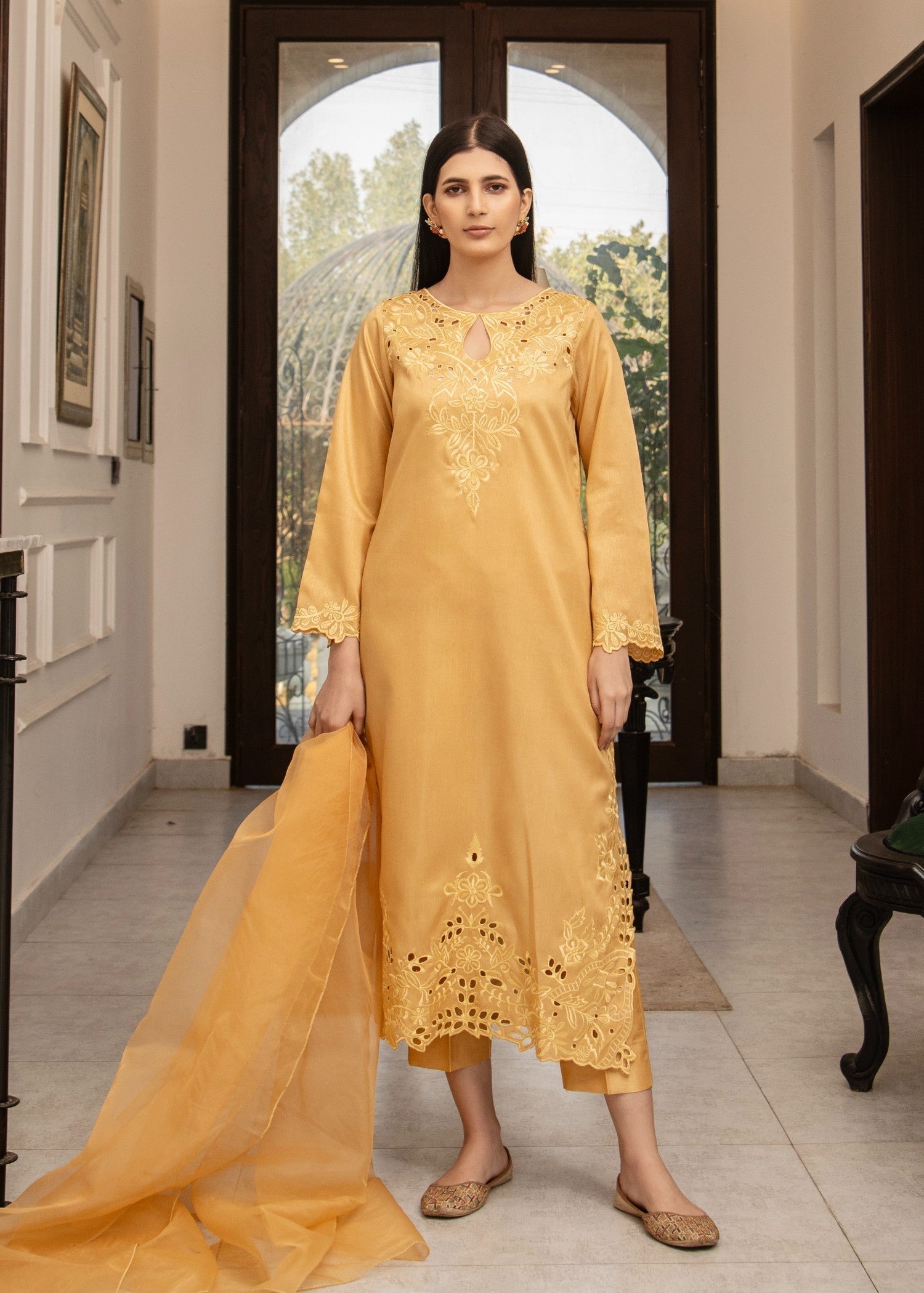 Naaz Couture Gold Raw Silk Embroidered Suit Women 3pcs