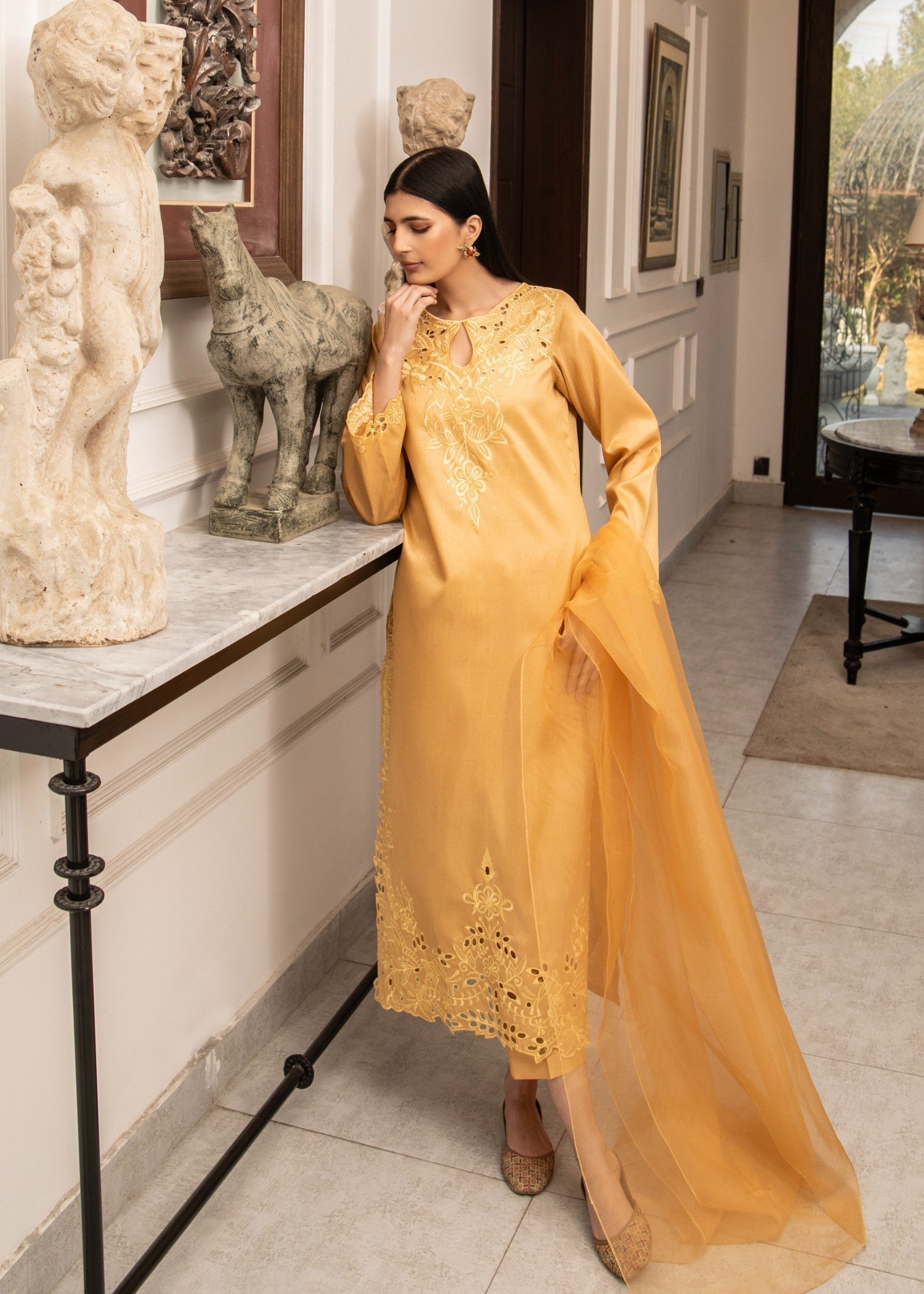 Naaz Couture Gold Raw Silk Embroidered Suit Women 3pcs
