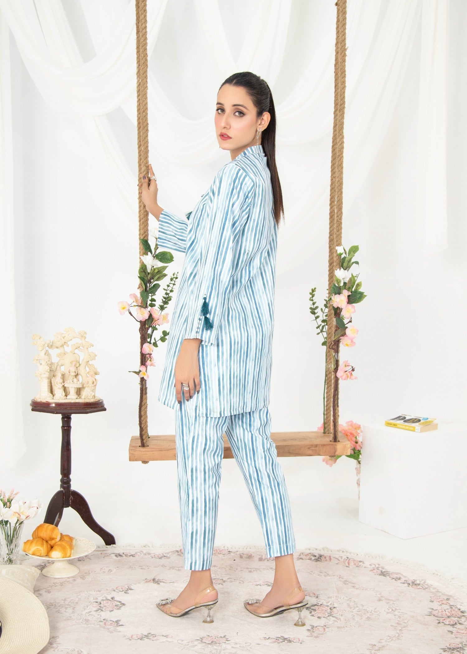 Vestilewear Aqua Strips Women Co Ord Sets Stitched Suit VW07 B Women 2pcs