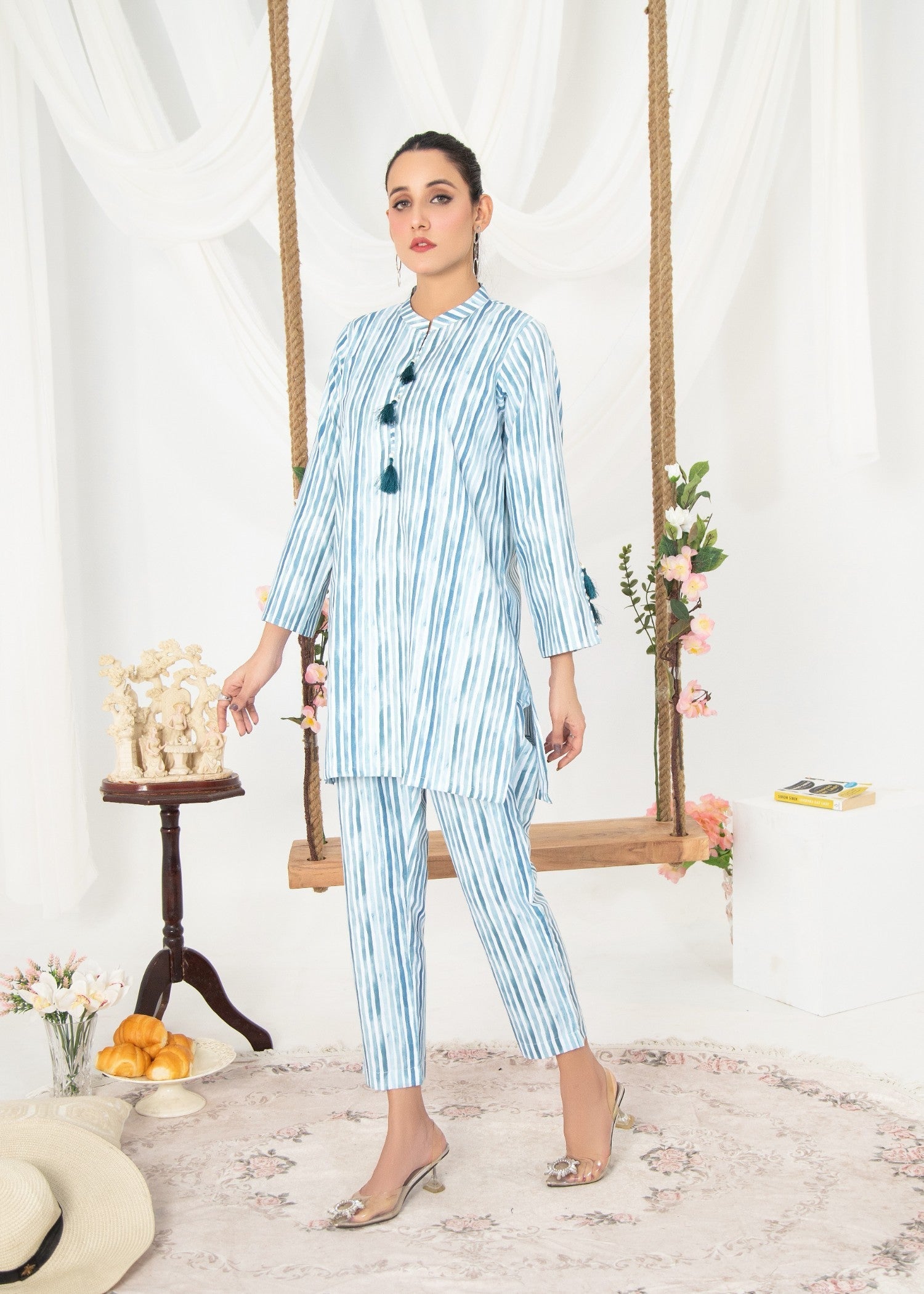 Vestilewear Aqua Strips Women Co Ord Sets Stitched Suit VW07 B Women 2pcs