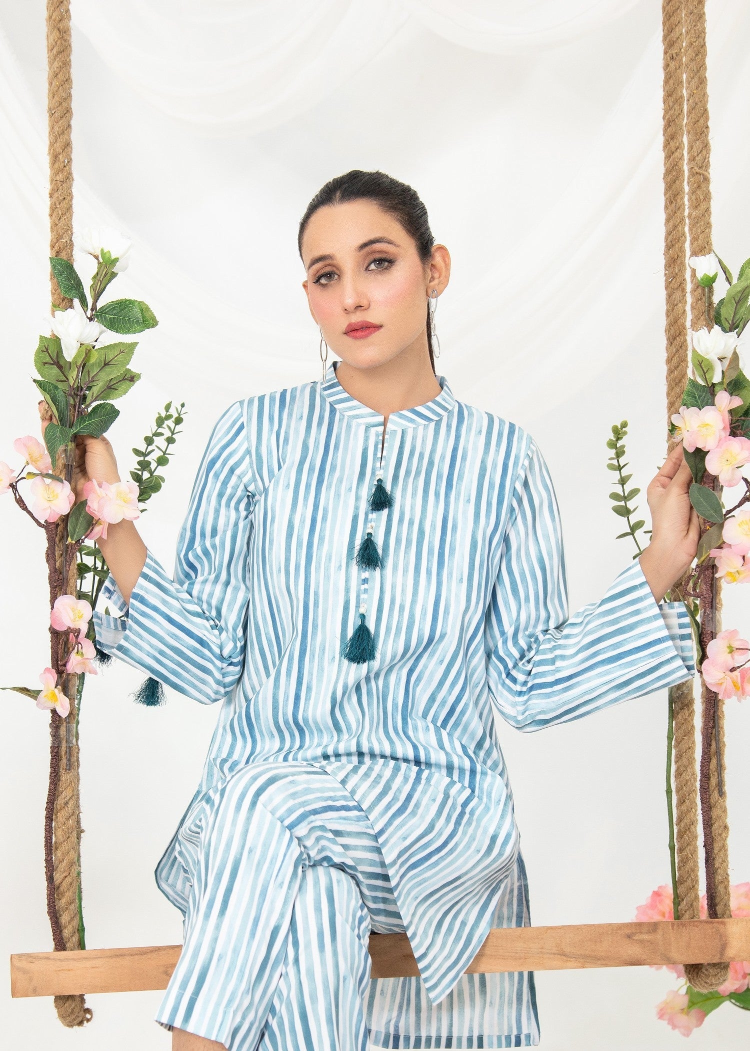 Vestilewear Aqua Strips Women Co Ord Sets Stitched Suit VW07 B Women 2pcs