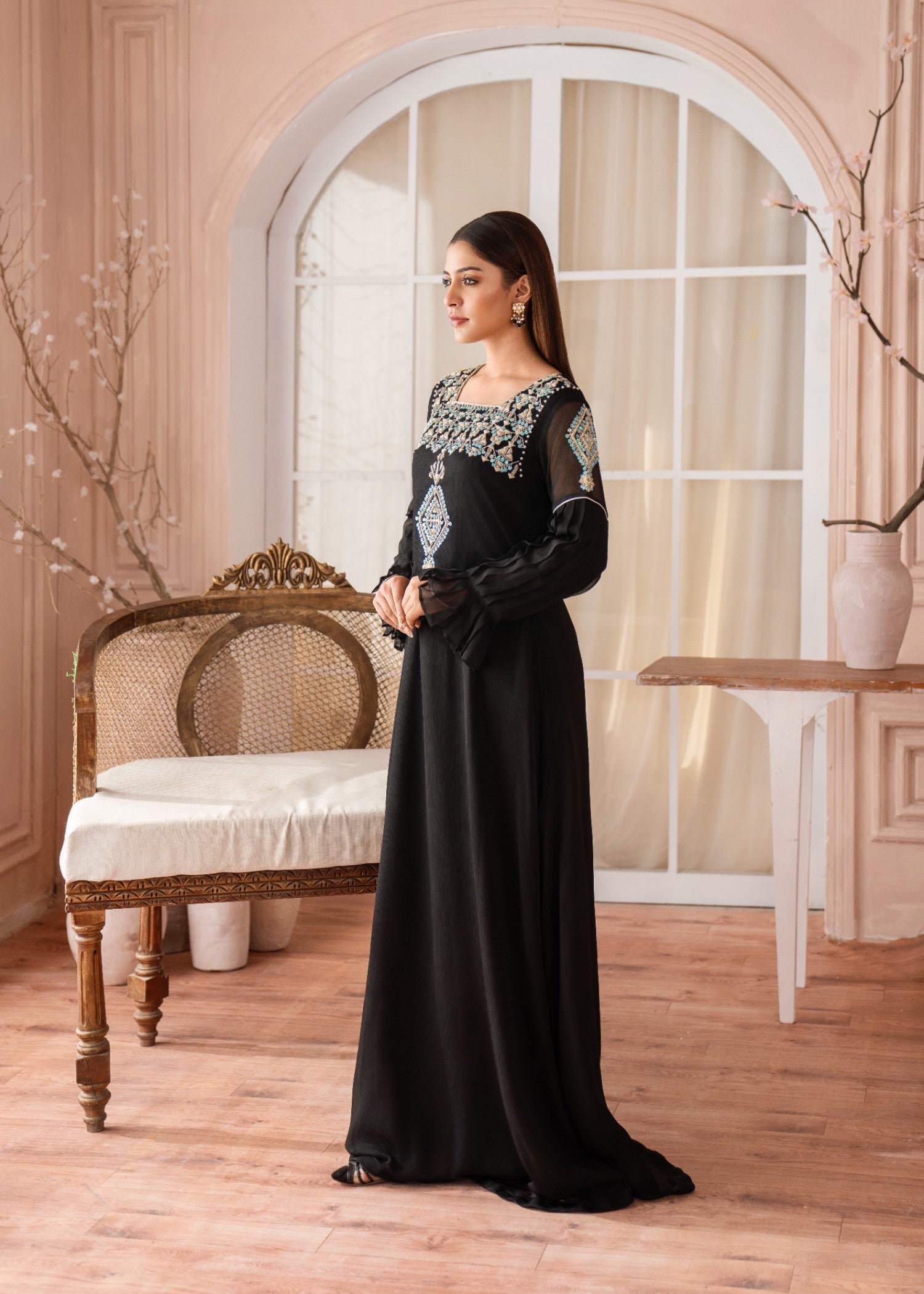 Alyssa BLACK MAXI HAND EMBROIDED ALL106 Women 2pcs