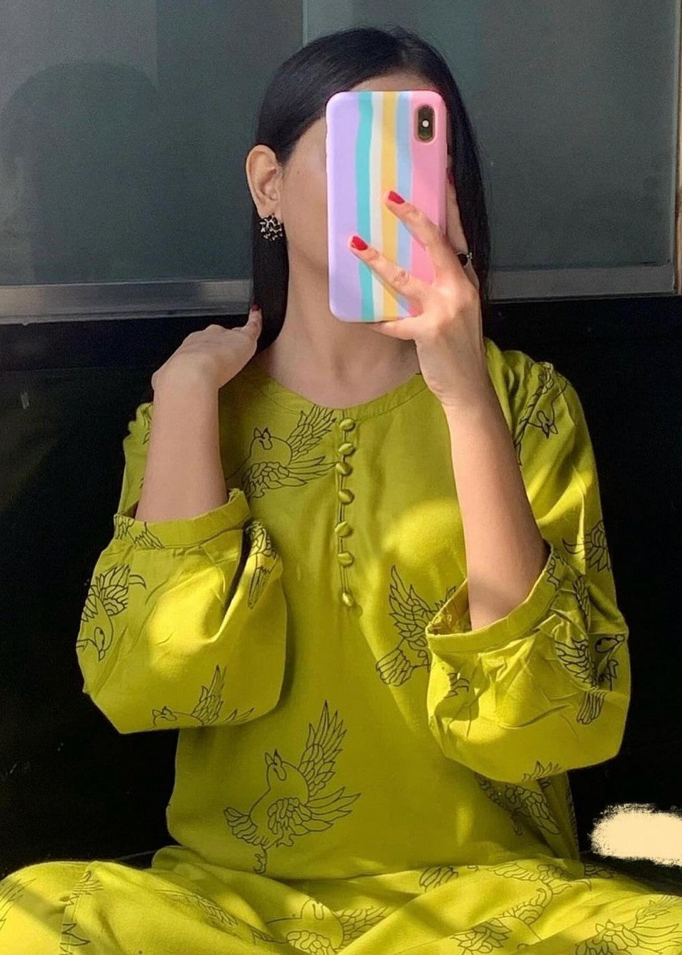 Gulposh Fluttering Sparrow (Stitched ) Apple Green Women 2pcs