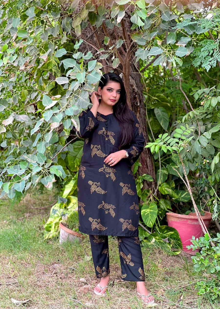 Gulposh Fluttering Sparrow (Stitched ) Black Women 2pcs