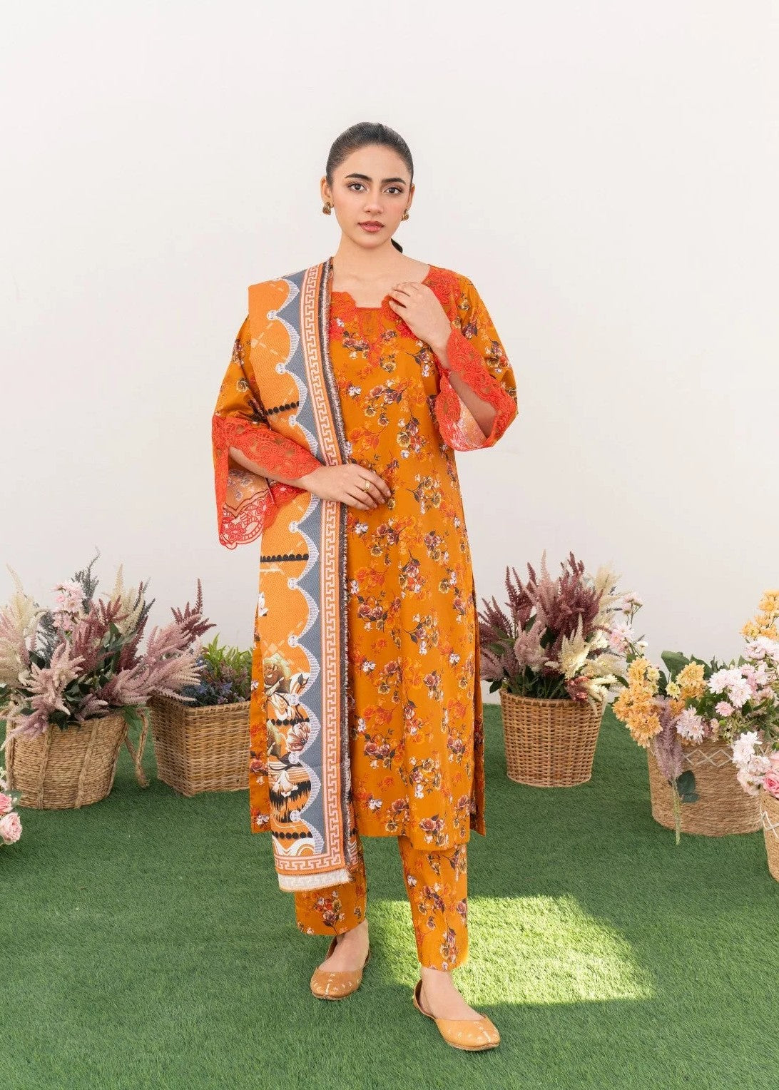 Dada Potta Stitched Orange Cambric Cotton Women 3pcs