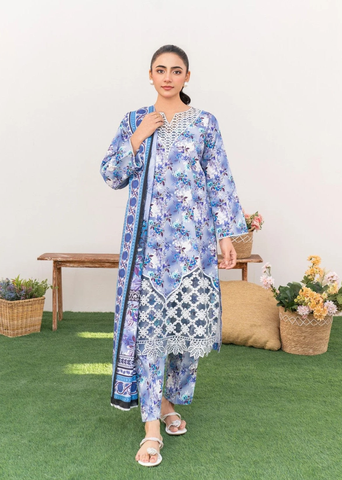 Dada Potta Stitched Lavender Cambric Cotton Women 3pcs