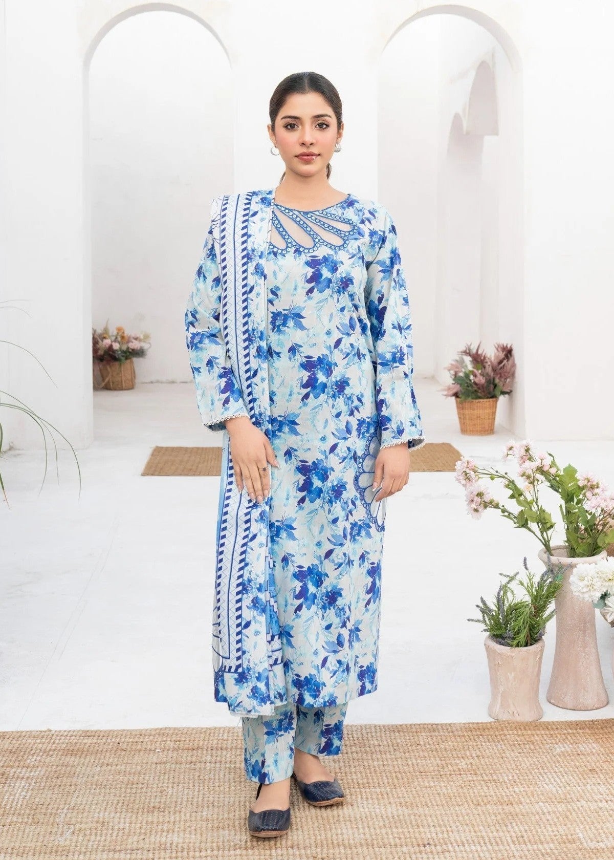 Dada Potta Stitched Sky Blue Cambric Cotton Women 3pcs