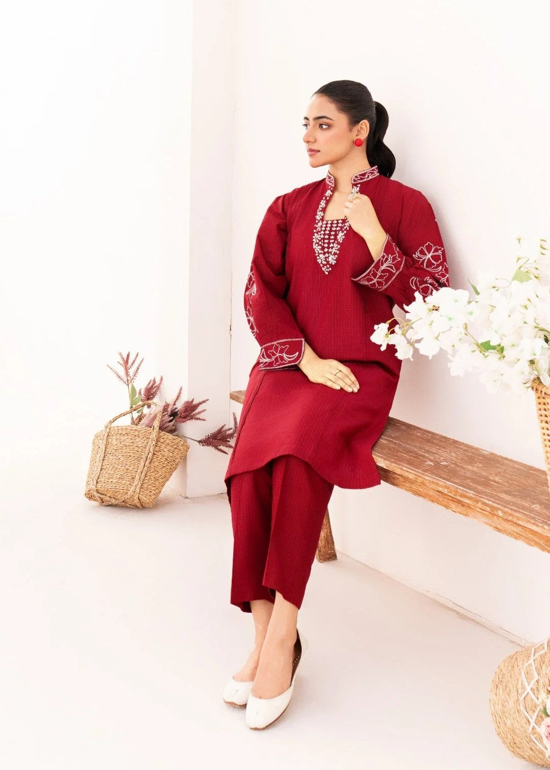 Dada Potta Stitched Maroon Cambric Cotton Women 2pcs