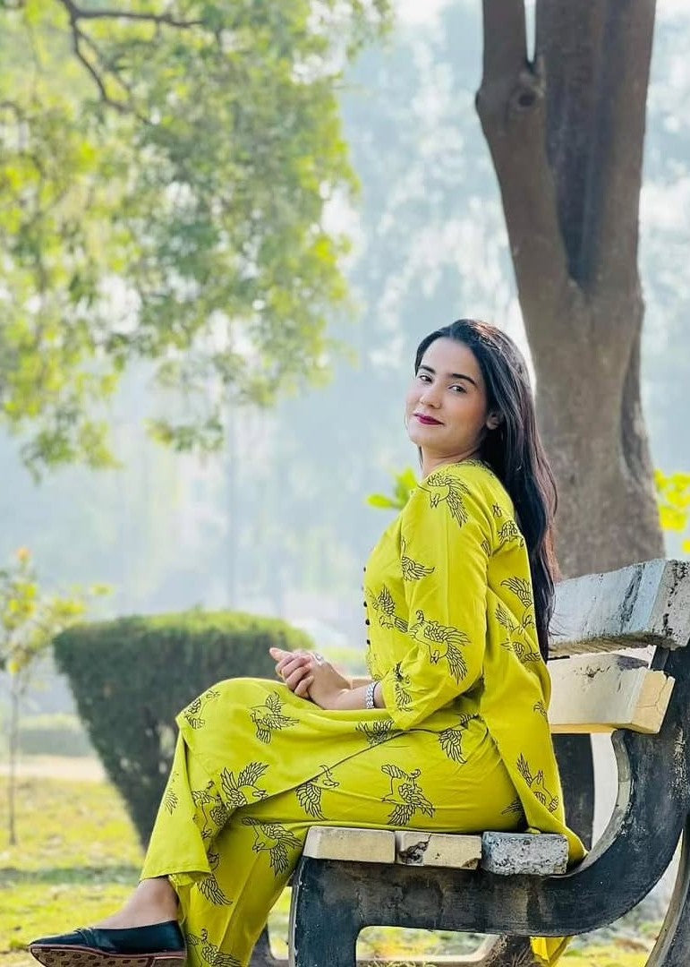 Gulposh Fluttering Sparrow (Stitched ) Apple Green Women 2pcs