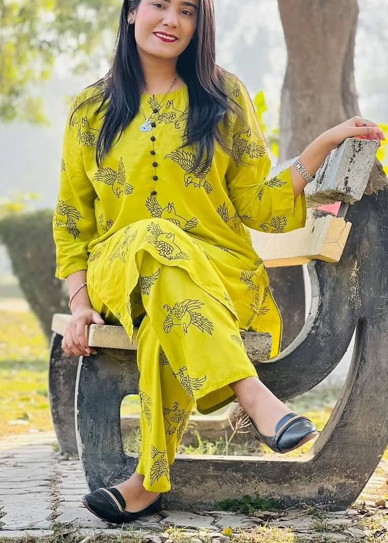 Gulposh Fluttering Sparrow (Stitched ) Apple Green Women 2pcs