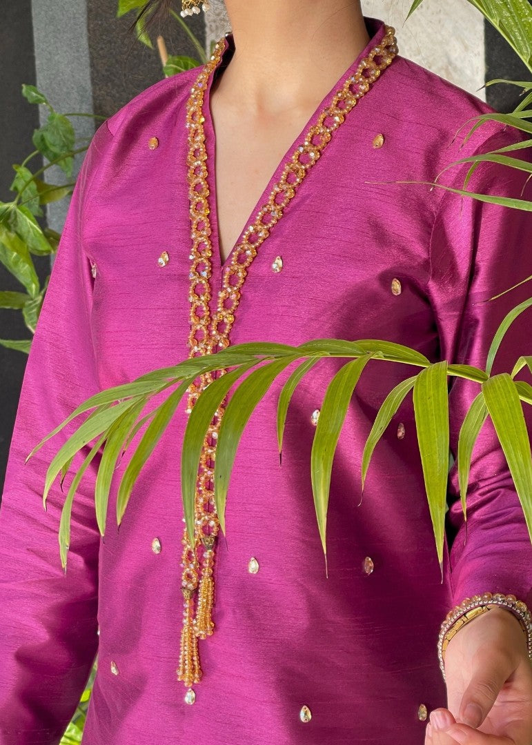 Haya'S Creation Crystal worked Magenta Raw Silk Dress Women 2pcs