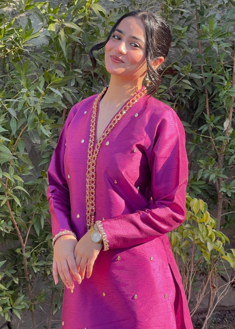 Haya'S Creation Crystal worked Magenta Raw Silk Dress Women 2pcs