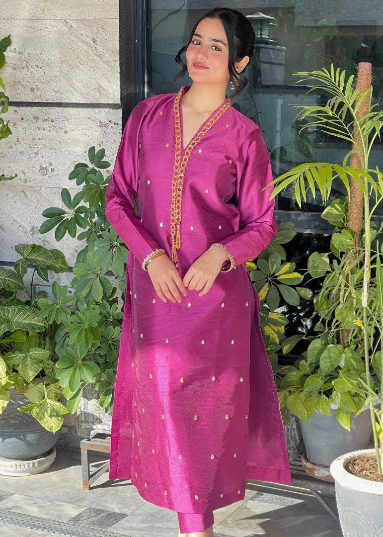 Haya'S Creation Crystal worked Magenta Raw Silk Dress Women 2pcs