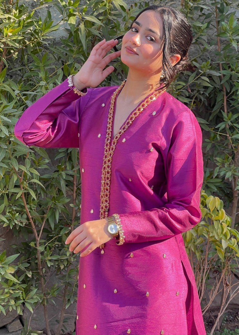 Haya'S Creation Crystal worked Magenta Raw Silk Dress Women 2pcs