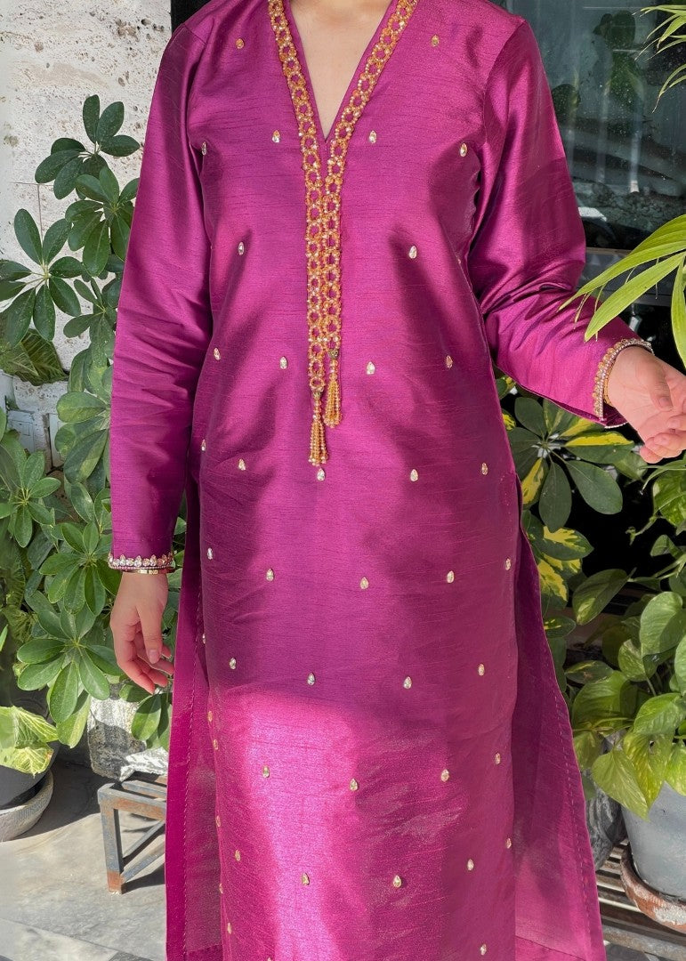 Haya'S Creation Crystal worked Magenta Raw Silk Dress Women 2pcs