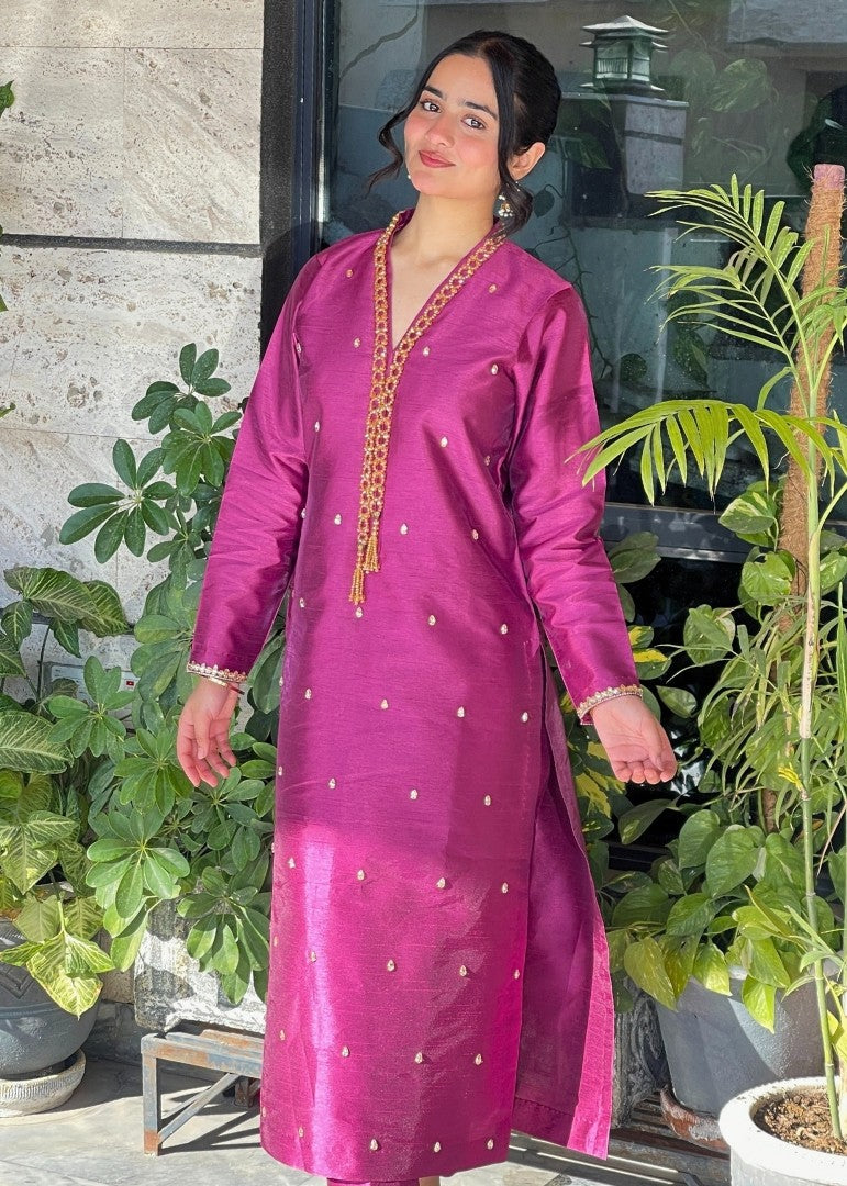 Haya'S Creation Crystal worked Magenta Raw Silk Dress Women 2pcs