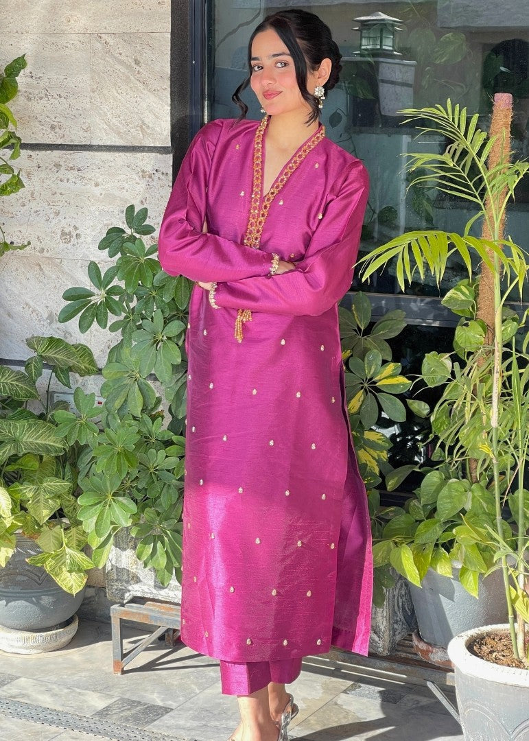 Haya'S Creation Crystal worked Magenta Raw Silk Dress Women 2pcs