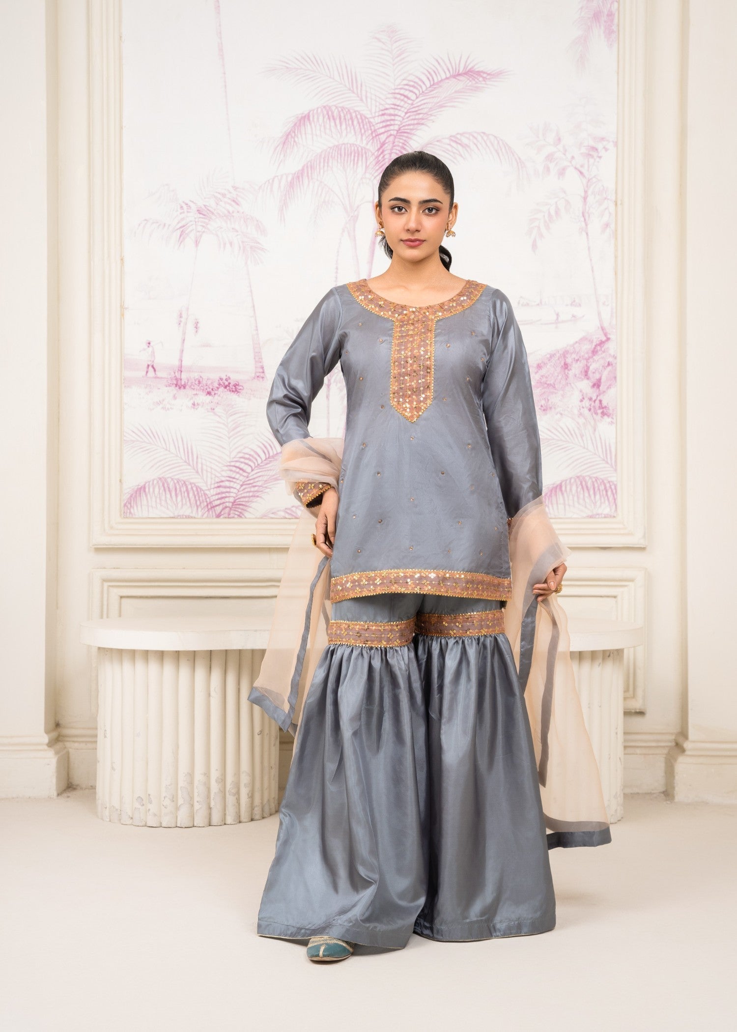 Pretbee Grey Silk Gharara Set with Golden Embroidery Women 3pcs