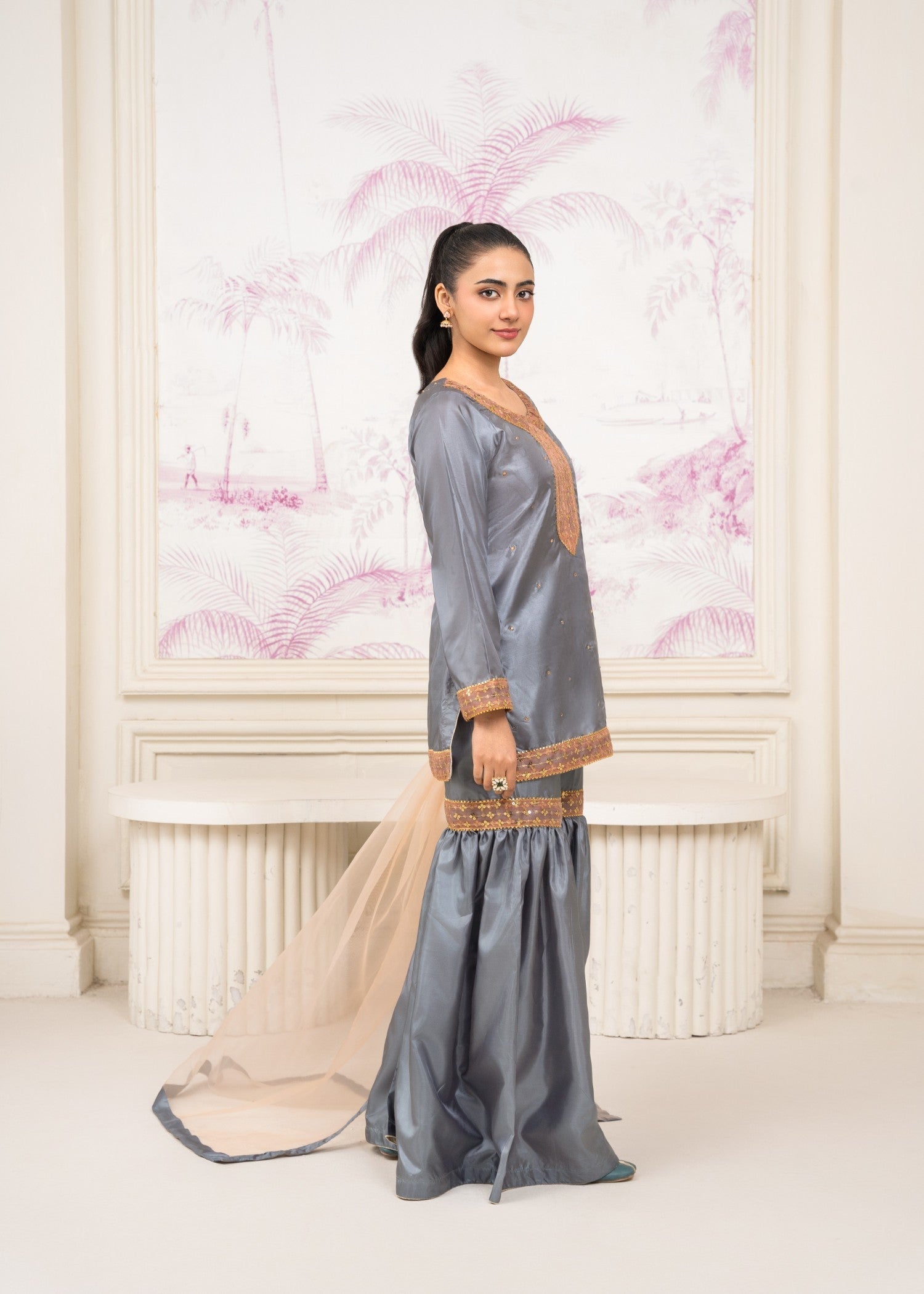 Pretbee Grey Silk Gharara Set with Golden Embroidery Women 3pcs