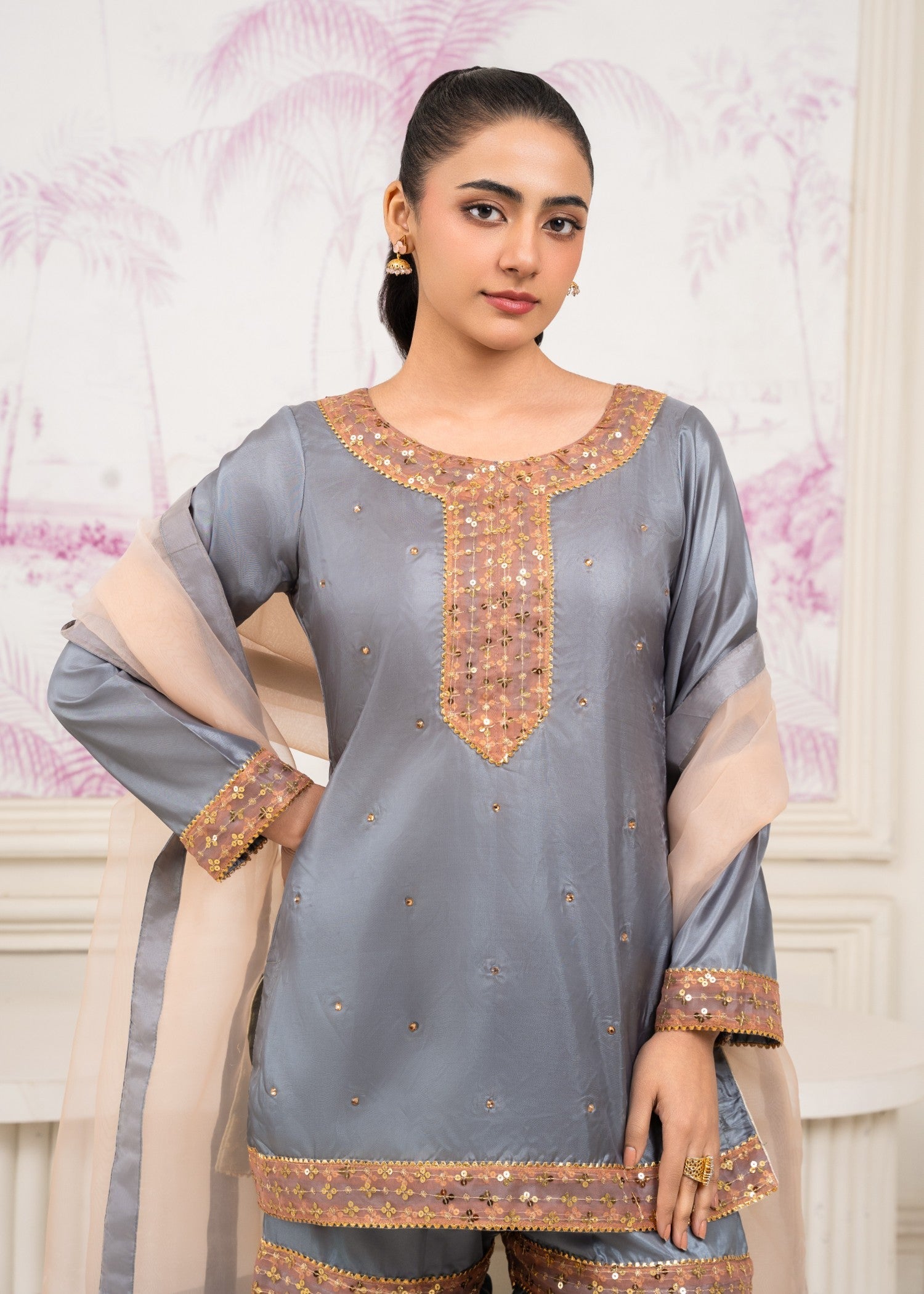 Pretbee Grey Silk Gharara Set with Golden Embroidery Women 3pcs