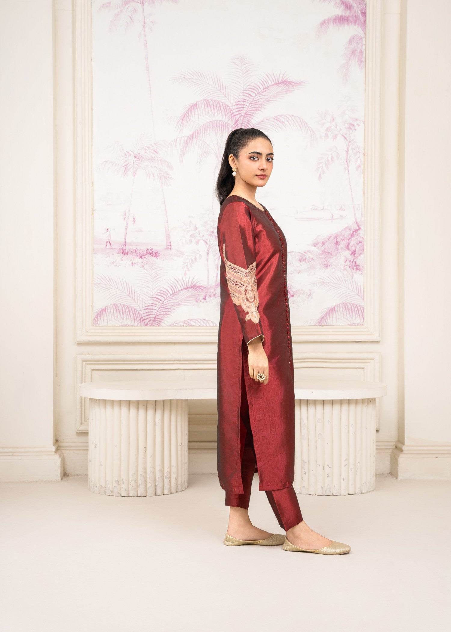 Pretbee Festive Embroidered Maroon Silk Suit Women 2pcs
