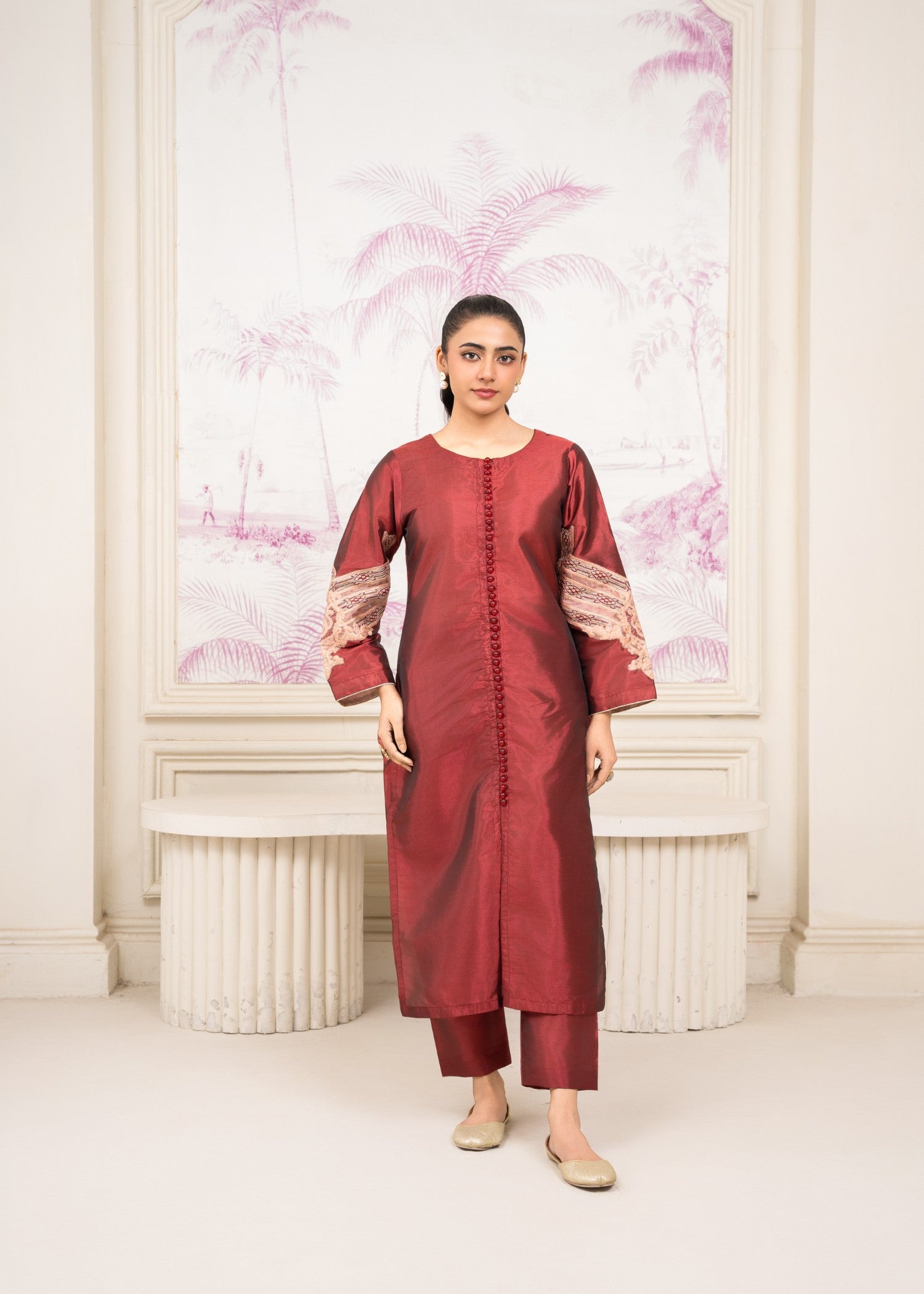 Pretbee Festive Embroidered Maroon Silk Suit Women 2pcs