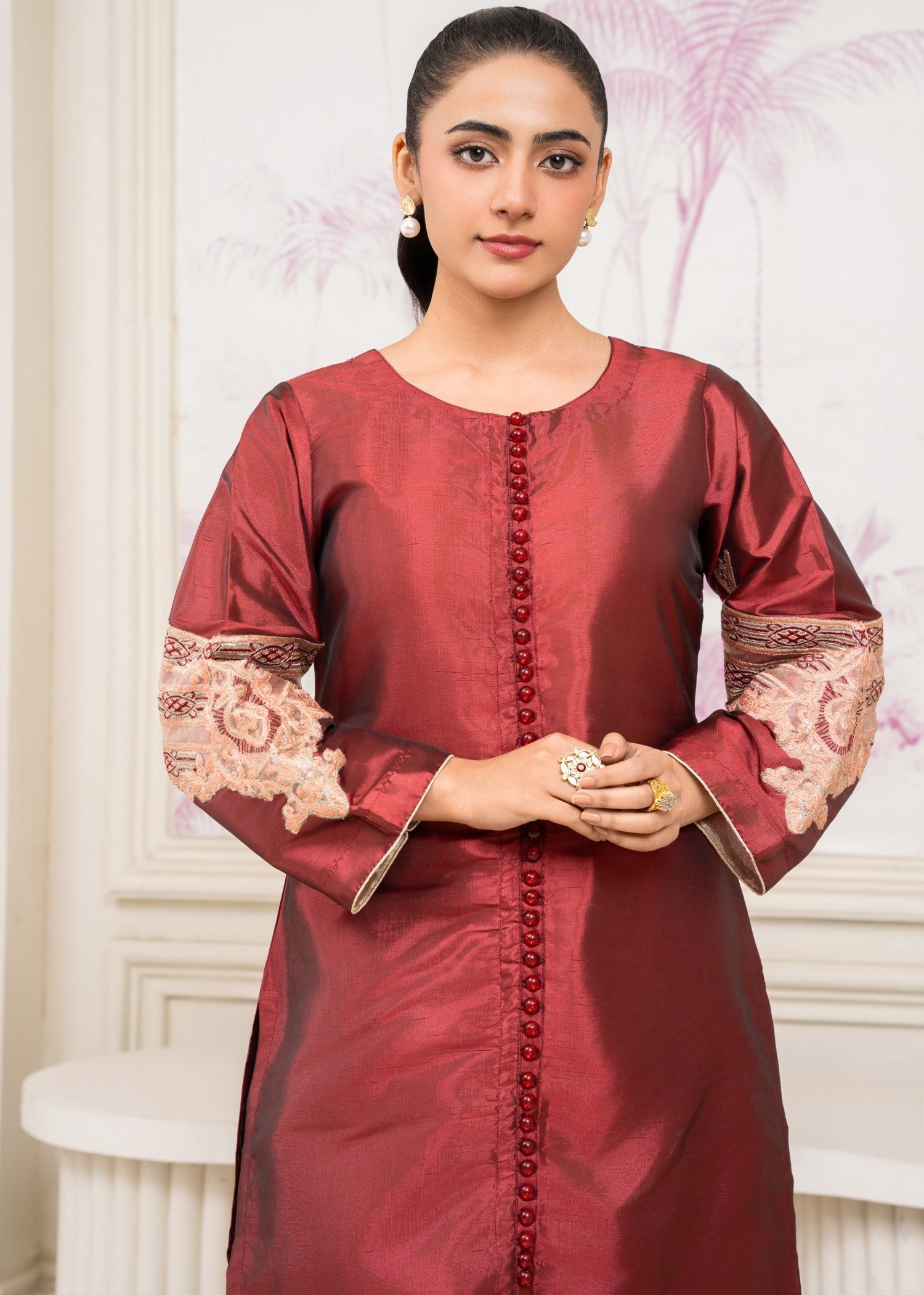 Pretbee Festive Embroidered Maroon Silk Suit Women 2pcs