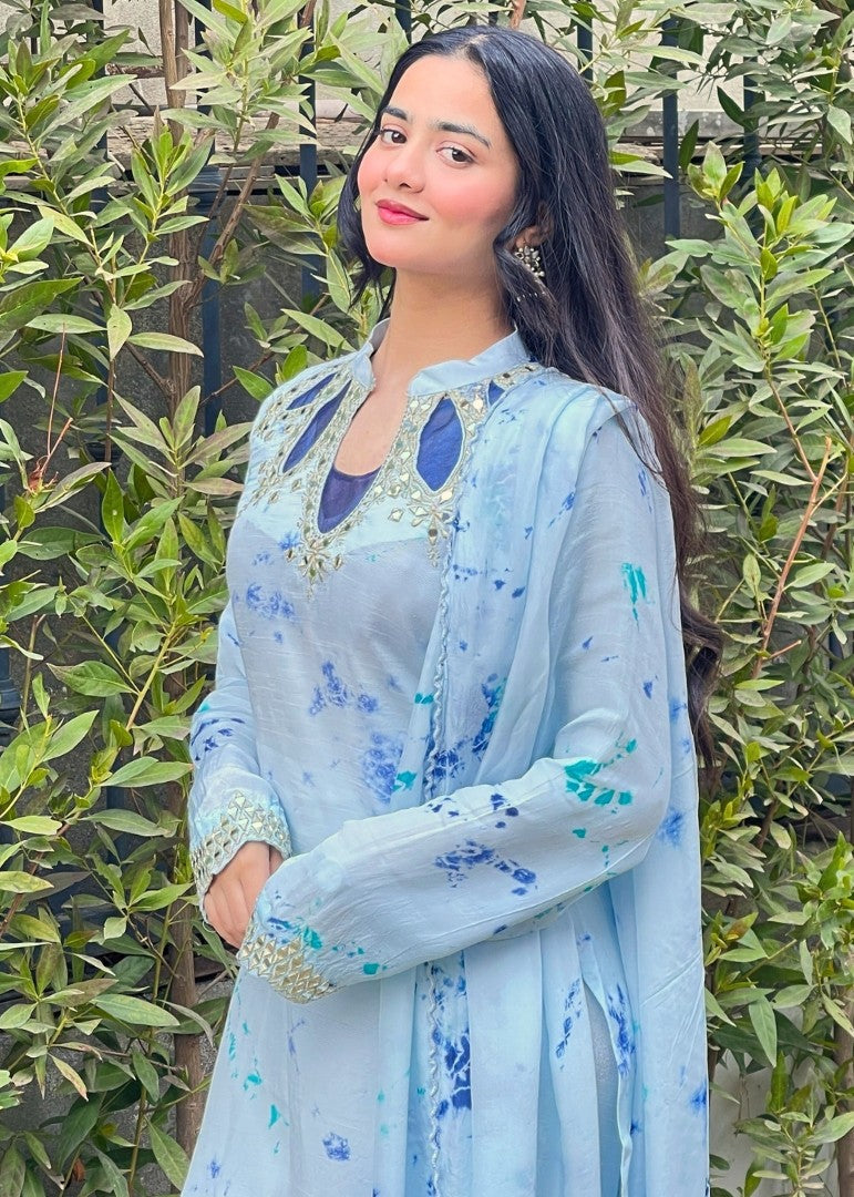 Haya'S Creation Mirror worked Light Blue Soft Raw Silk Dress Women 3pcs