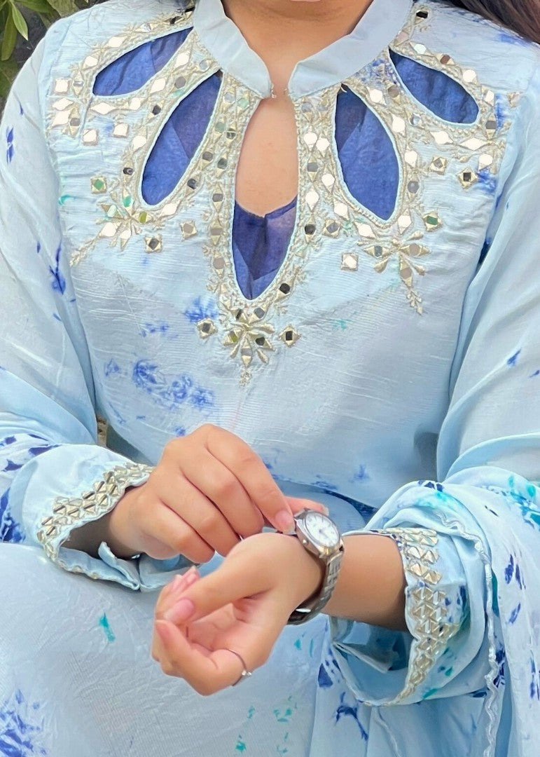 Haya'S Creation Mirror worked Light Blue Soft Raw Silk Dress Women 3pcs