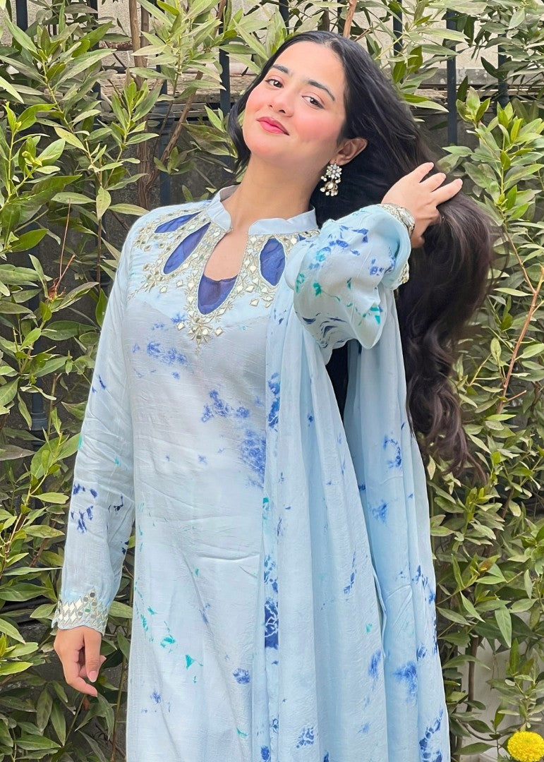 Haya'S Creation Mirror worked Light Blue Soft Raw Silk Dress Women 3pcs