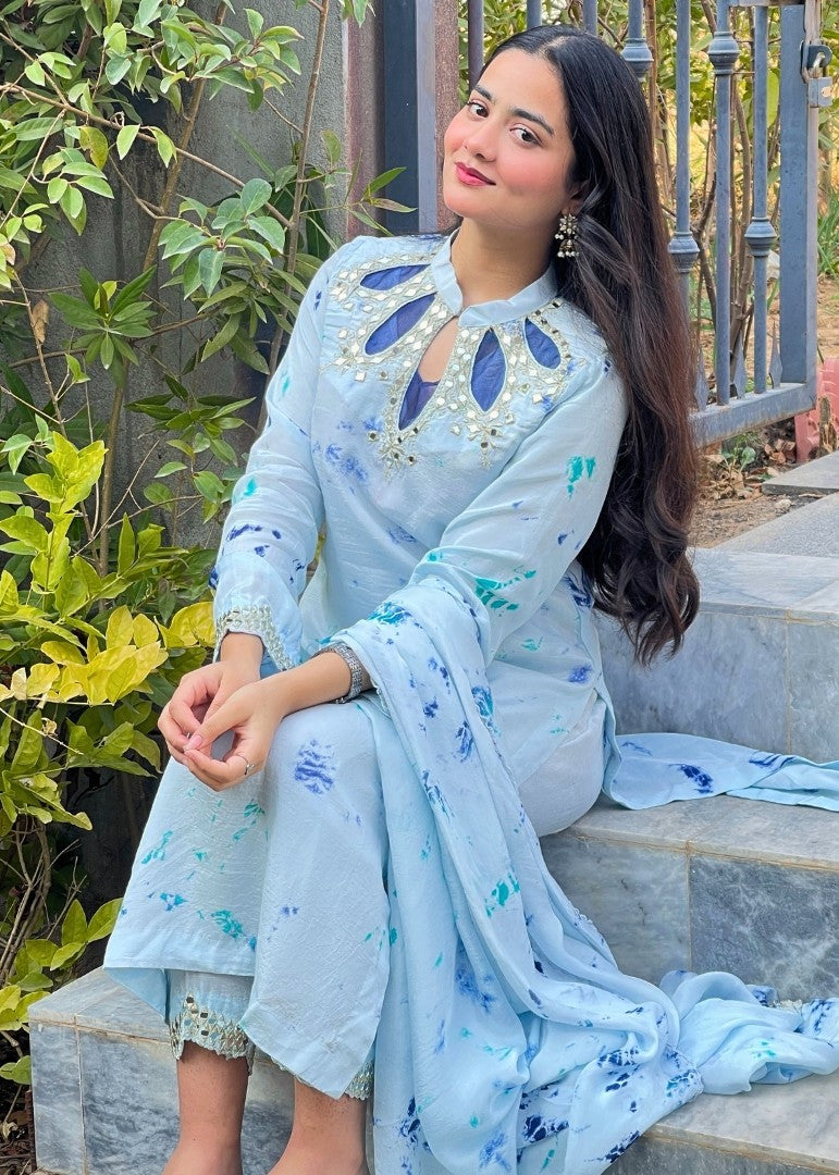 Haya'S Creation Mirror worked Light Blue Soft Raw Silk Dress Women 3pcs